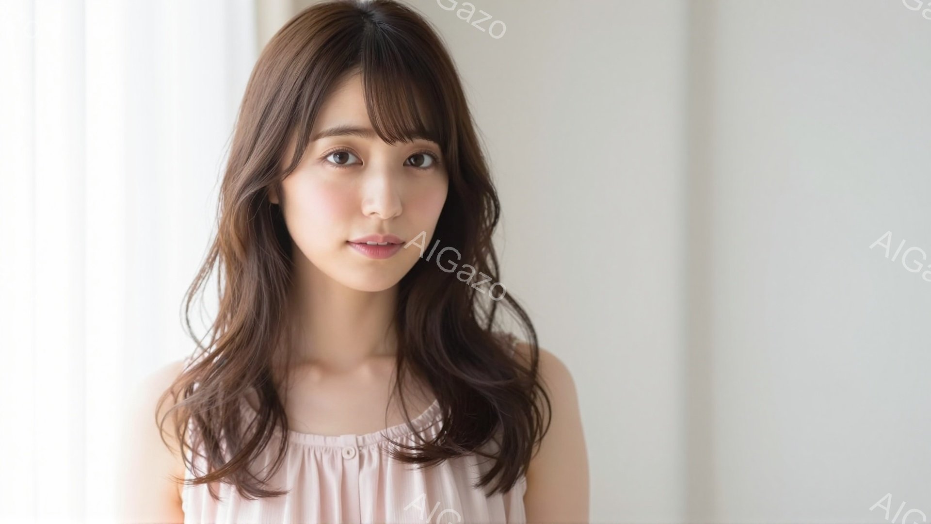 長い茶色の髪はゆるやかにカールし、前髪は眉毛にかかるように流れている。女性は薄いピンク色のオフショルダーのトップスを着ており、穏やかで微笑みをたたえた表情をしている。背景はぼやけた白い壁で、全体的に柔 - AI生成フリー素材
