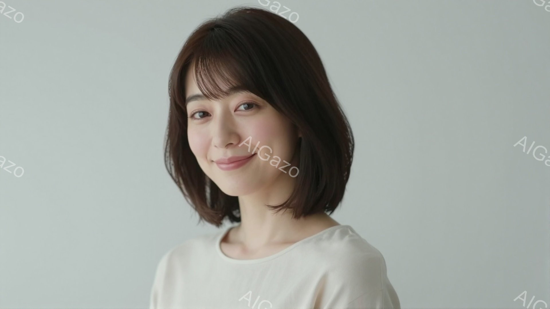 この女性は、明るい笑顔を浮かべたポートレート写真です。短いボブヘアで、白いシンプルなトップスを着ています。背景は白で統一されており、人物が際立っています。