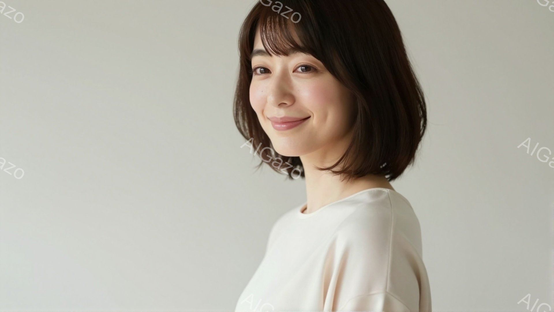 画像は、明るいベージュのシンプルなトップスを着た若い女性を捉えています。彼女は肩までの長さのダークブラウンのヘアスタイルで、少し微笑んだ表情を浮かべています。背景は淡いグレーで、女性が中心に配置されており、穏やかで優しい雰囲気を醸し出しています。