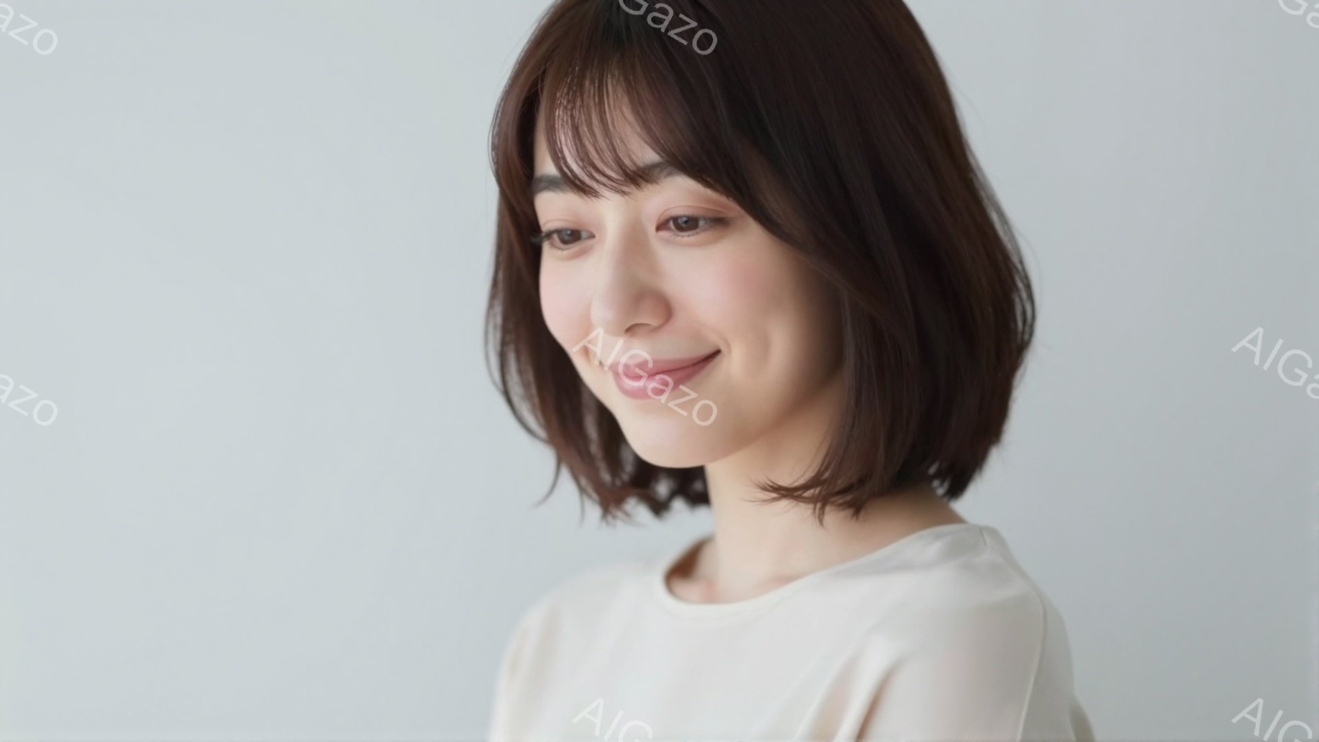 この女性は、明るいベージュ色のシンプルなシャツを着ており、肩までの長さのふんわりとしたヘアスタイルをしています。彼女は微笑んでおり、リラックスした表情でカメラを見ています。背景は白く、女性が際立ってお - AI生成フリー素材