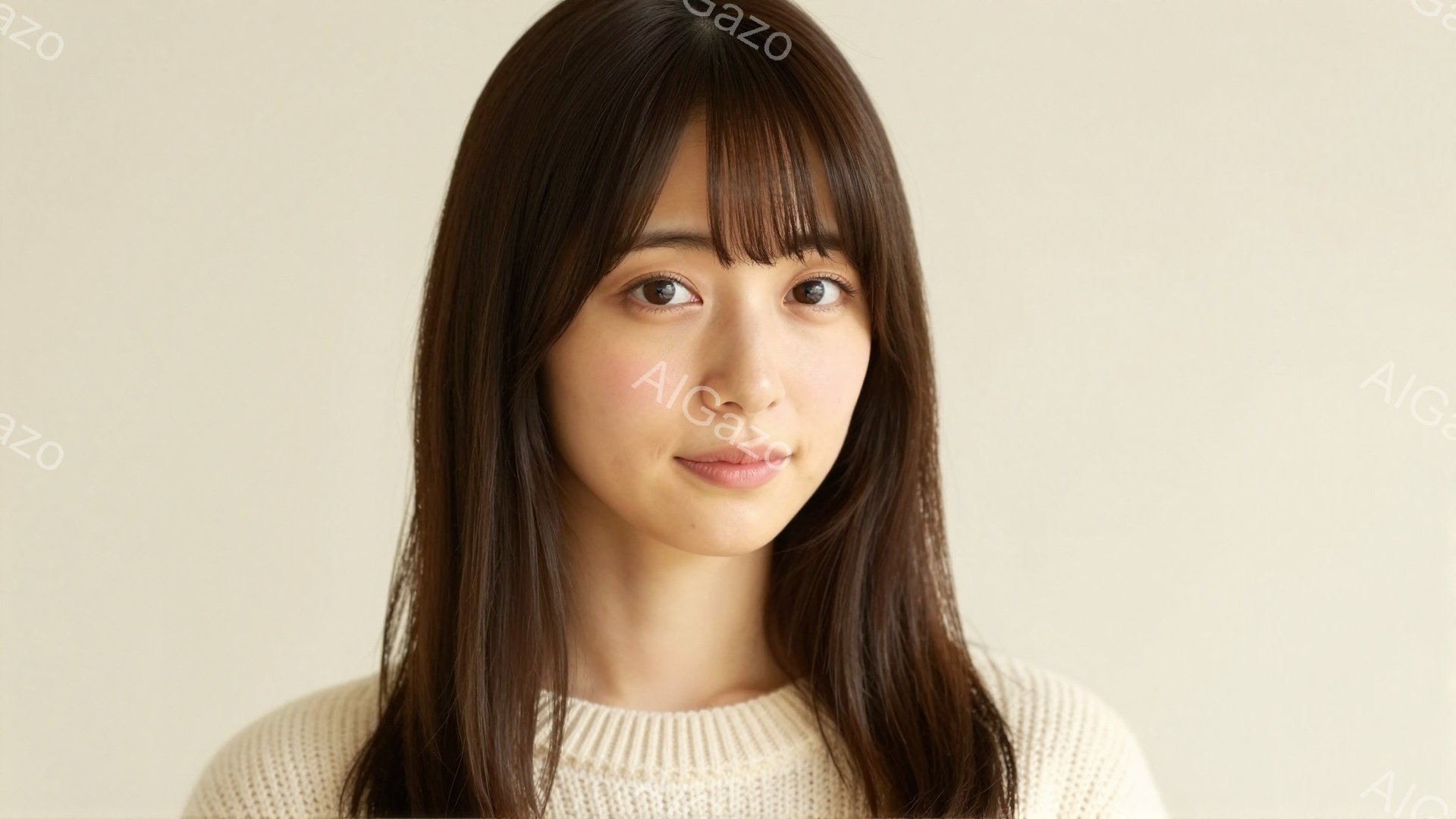 画像は、明るい茶色の長い髪で、前髪が目にかかる若い女性のポートレートです。彼女はオフホワイトのセーターを着ており、穏やかな微笑みを浮かべています。背景は淡いベージュ色で、人物が際立っています。 - AI生成フリー素材