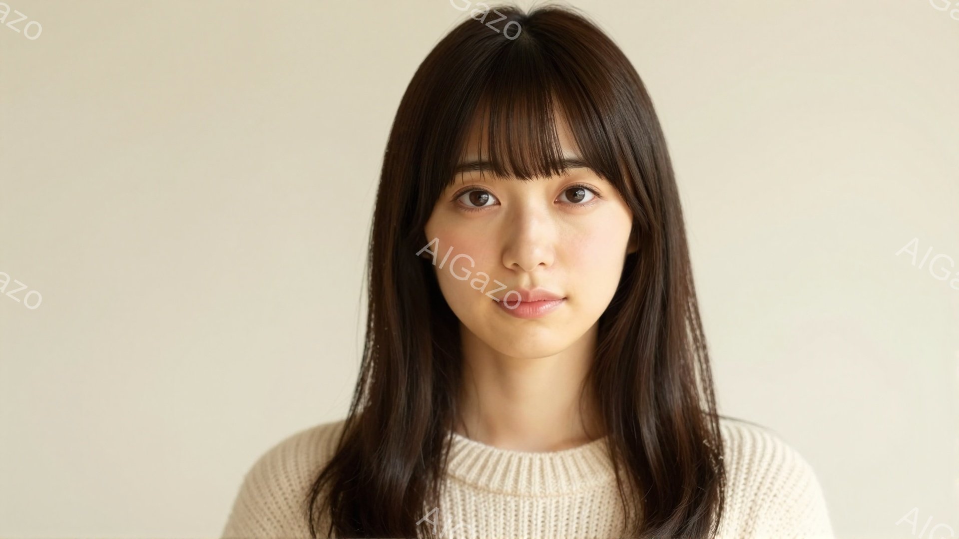 長い黒髪で、前髪が目にかかる女性が写っています。白いセーターを着ており、表情は穏やかで、正面を見つめています。背景は淡いベージュ色で、人物が際立っています。