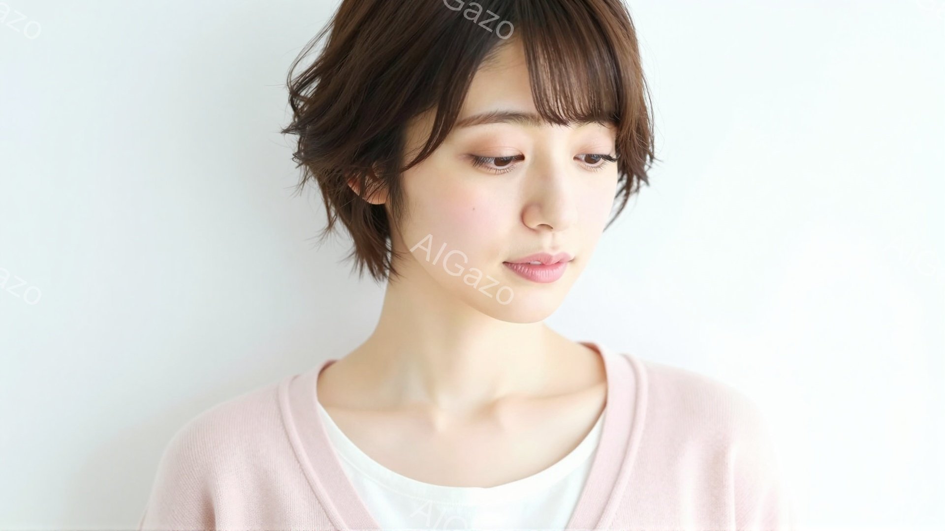 画像は、薄いピンク色のカーディガンに白いインナーを着た若い女性のポートレートです。彼女は短めのボブヘアで、少し微笑んだ表情をしています。背景は白く、女性が際立っており、全体的に柔らかく穏やかな雰囲気で - AI生成フリー素材