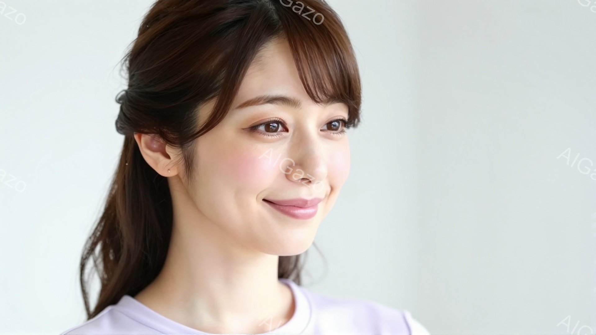 画像は、明るい笑顔を浮かべた若い女性のポートレートです。彼女は薄紫色のTシャツを着ており、髪はサイドパートで軽くウェーブがかかっています。背景は白く、女性が際立っており、全体的に清潔感があり、明るい雰囲気が漂っています。