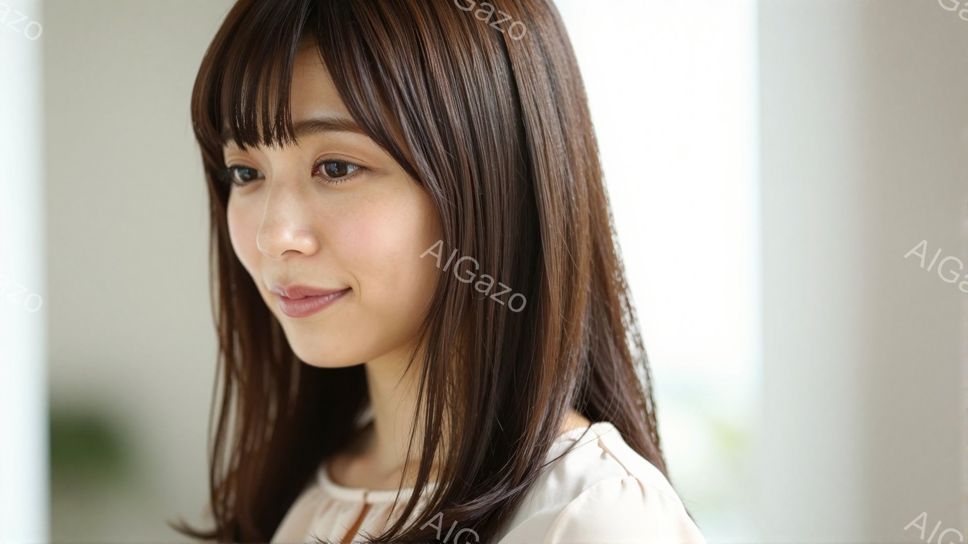 画像は、肩までの長さの茶色の髪と前髪を持つ若い女性を捉えています。彼女はクリーム色のトップスを着ており、わずかに微笑みながら何かを考えているような表情をしています。背景はぼやけていますが、明るい室内であることはわかります。