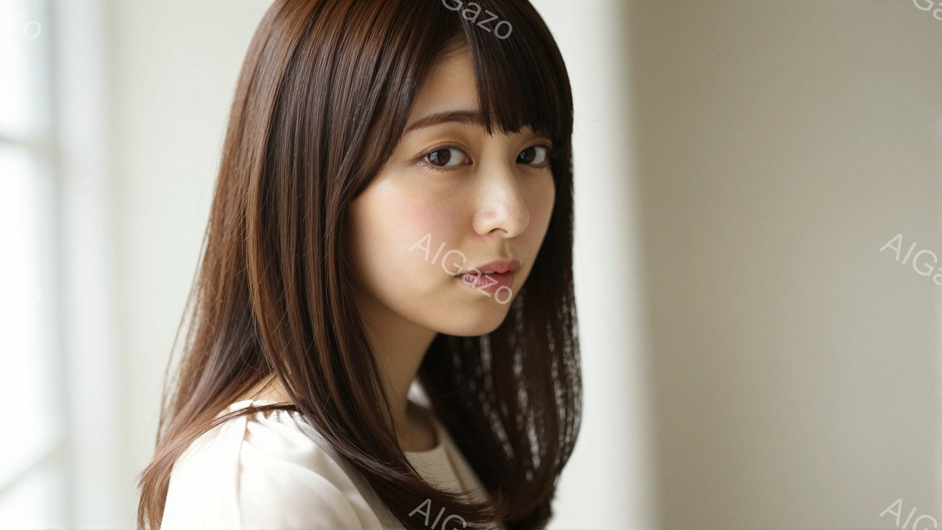 画像は、茶色の長い髪で、前髪が目にかかる若い女性を捉えています。彼女は白いシンプルなトップスを着ており、わずかに微笑んでいます。背景はぼやけていますが、窓からの自然光が差し込み、穏やかで柔らかな雰囲気 - AI生成フリー素材