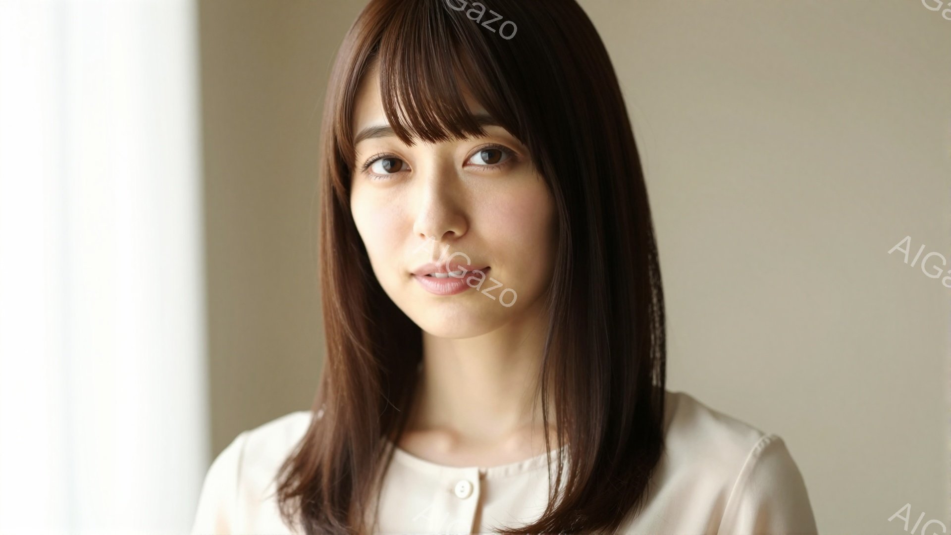 長い茶色の髪は肩にかかる長さで、前髪は眉毛にかかるようにカットされています。ベージュ色のシンプルなブラウスを着ており、穏やかで優しい微笑みを浮かべています。背景はぼやけていますが、窓からの自然光が入っ - AI生成フリー素材