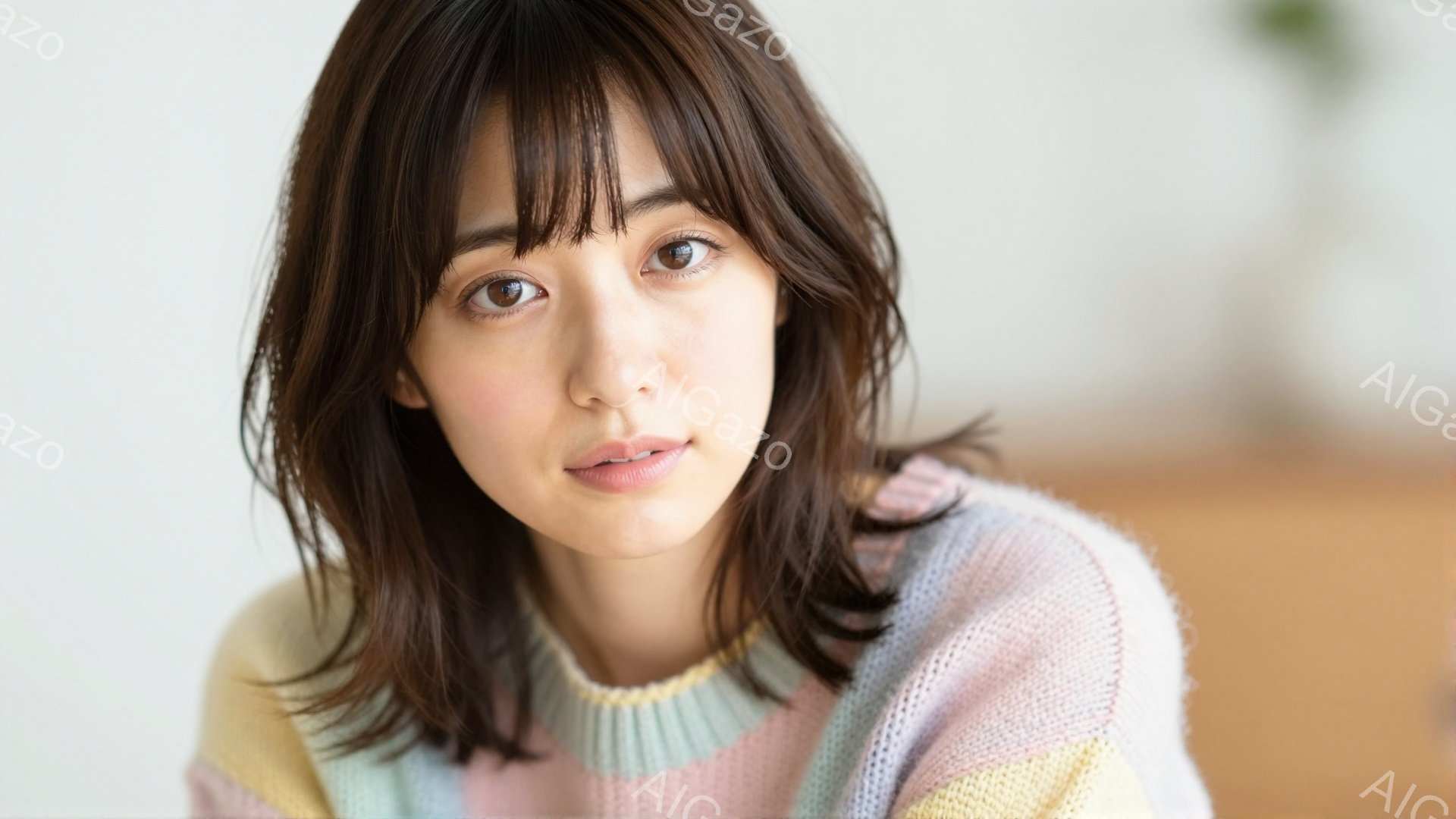 この女性は、パステルカラーのブロック状のセーターを着て、肩までの長さのダークブラウンのヘアスタイルをしています。彼女は穏やかな微笑みを浮かべ、カメラの方をまっすぐ見ています。背景はぼやけていますが、暖 - AI生成フリー素材