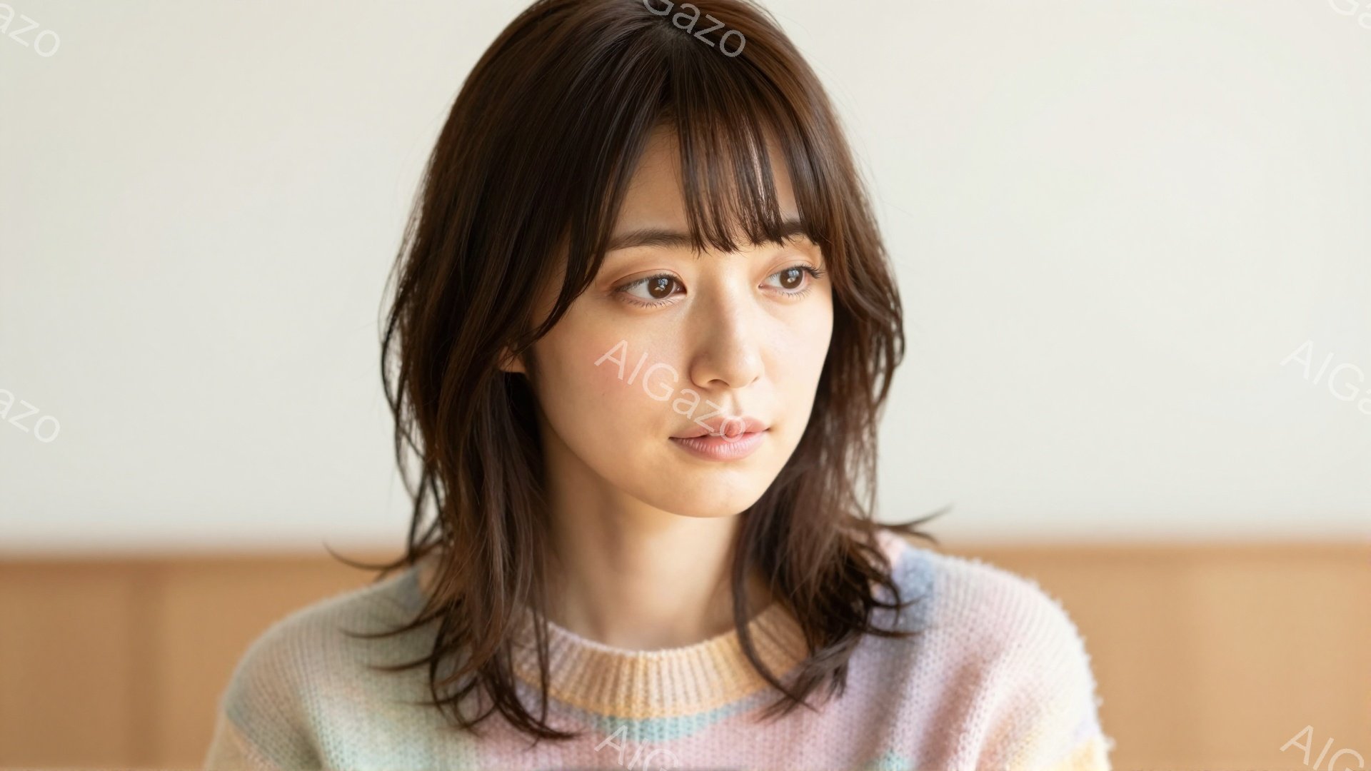 この女性は、明るい色彩のセーターを着ており、肩までの長さの茶色の髪を無造作にまとめています。彼女はわずかに眉をひそめ、何か考え込んでいるような表情をしています。背景はぼやけており、淡い色の壁とわずかに - AI生成フリー素材