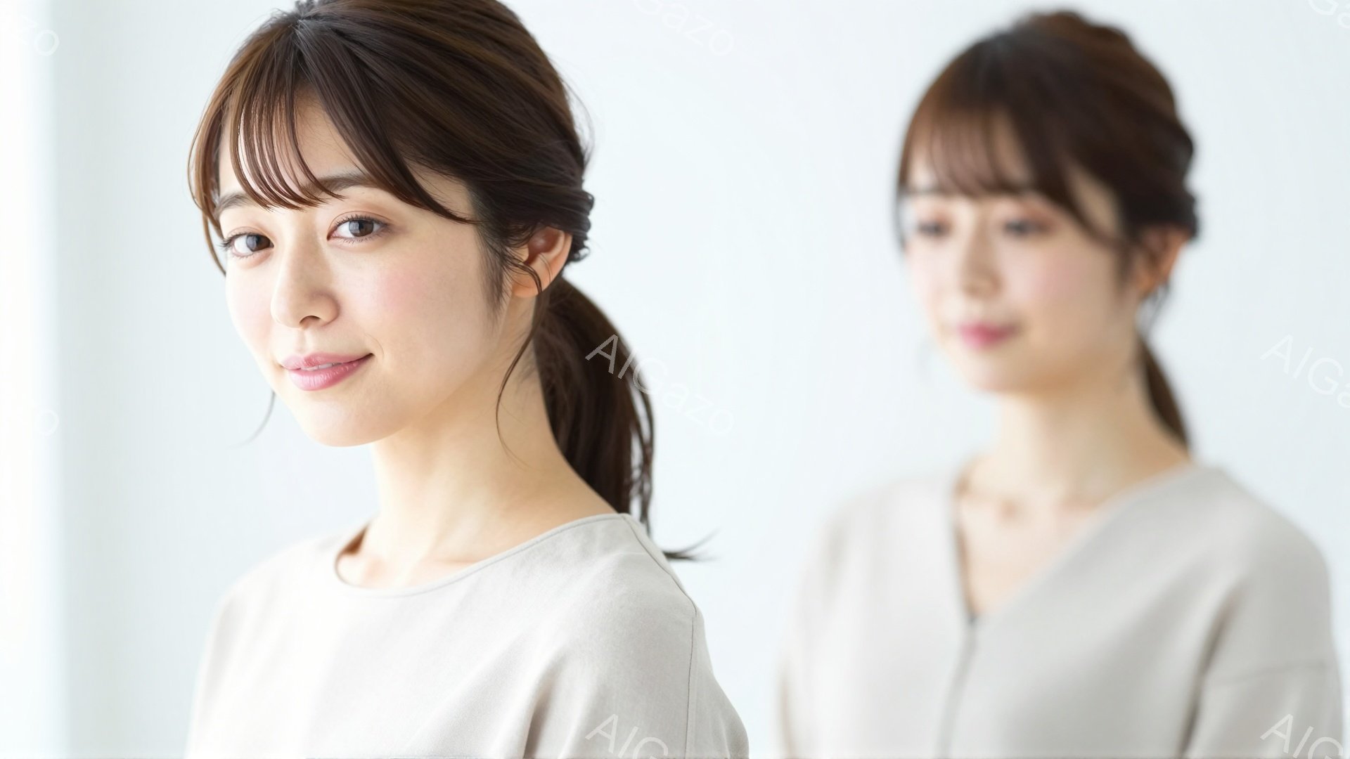 画像は、明るいベージュのシンプルなトップスを着た若い女性を捉えています。彼女は髪を後ろで軽くまとめ、穏やかな笑顔を浮かべて正面を見つめています。背景は白く、女性が際立っており、清潔感と落ち着いた雰囲気 - AI生成フリー素材