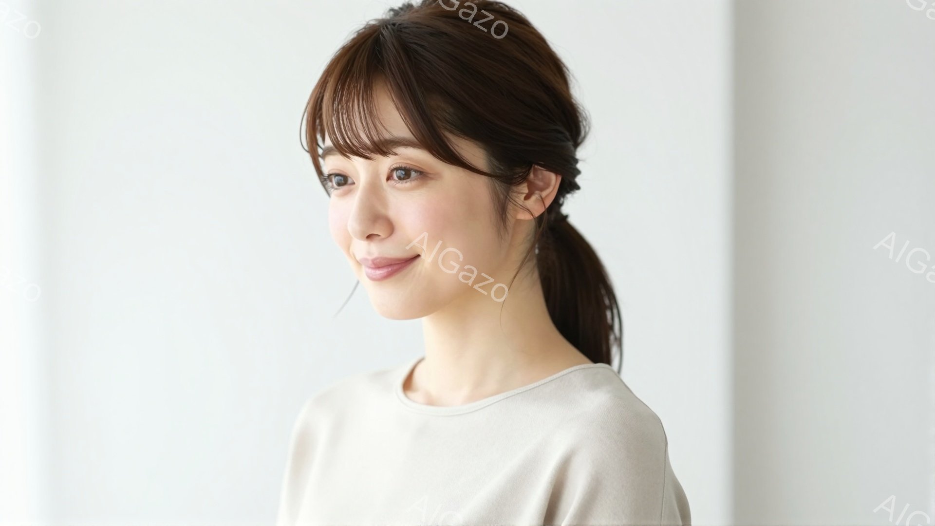 画像は、明るいベージュのトップスを着た若い女性を捉えています。彼女は前髪を少し長めにした、ゆるいハーフアップスタイルで、穏やかな笑顔を浮かべています。背景は白く、女性が主な焦点となっており、全体的に清 - AI生成フリー素材