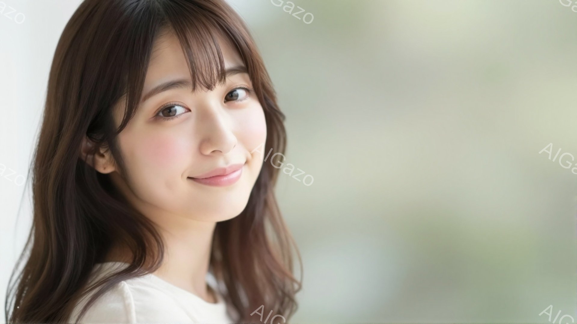 長い茶色の髪を無造作に垂らし、白いトップスを着た若い女性が写っている。彼女はわずかに微笑んでおり、穏やかで親しみやすい表情をしている。背景はぼかされており、明るい室内であることがわかる。