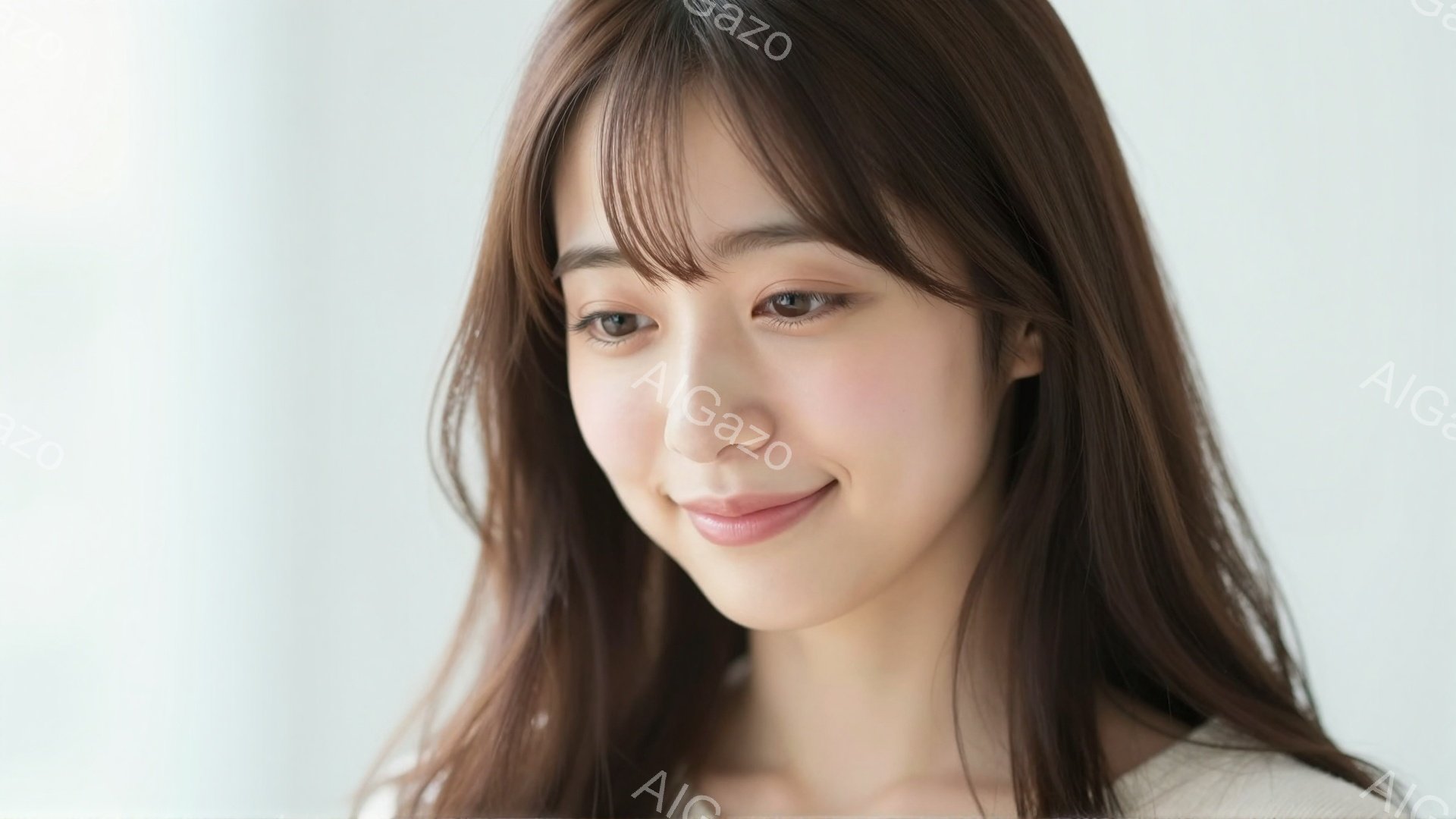 画像は、肩までの長さの茶色の髪と、軽めの前髪を持つ若い女性を捉えています。彼女は白いトップスを着ており、わずかに微笑んでおり、穏やかで親しみやすい表情をしています。背景は白く、女性が主な焦点となるよう - AI生成フリー素材