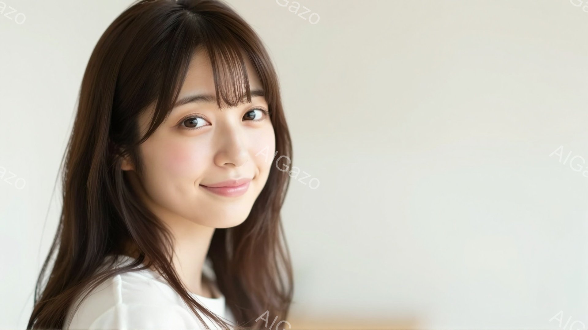 長い黒髪で、前髪が少しだけ目にかかるヘアスタイルをした若い女性が写っています。白いシャツを着ており、顔には穏やかな笑顔が浮かんでいます。背景は白く、柔らかい光が彼女を照らしており、全体的に温かく優しい - AI生成フリー素材
