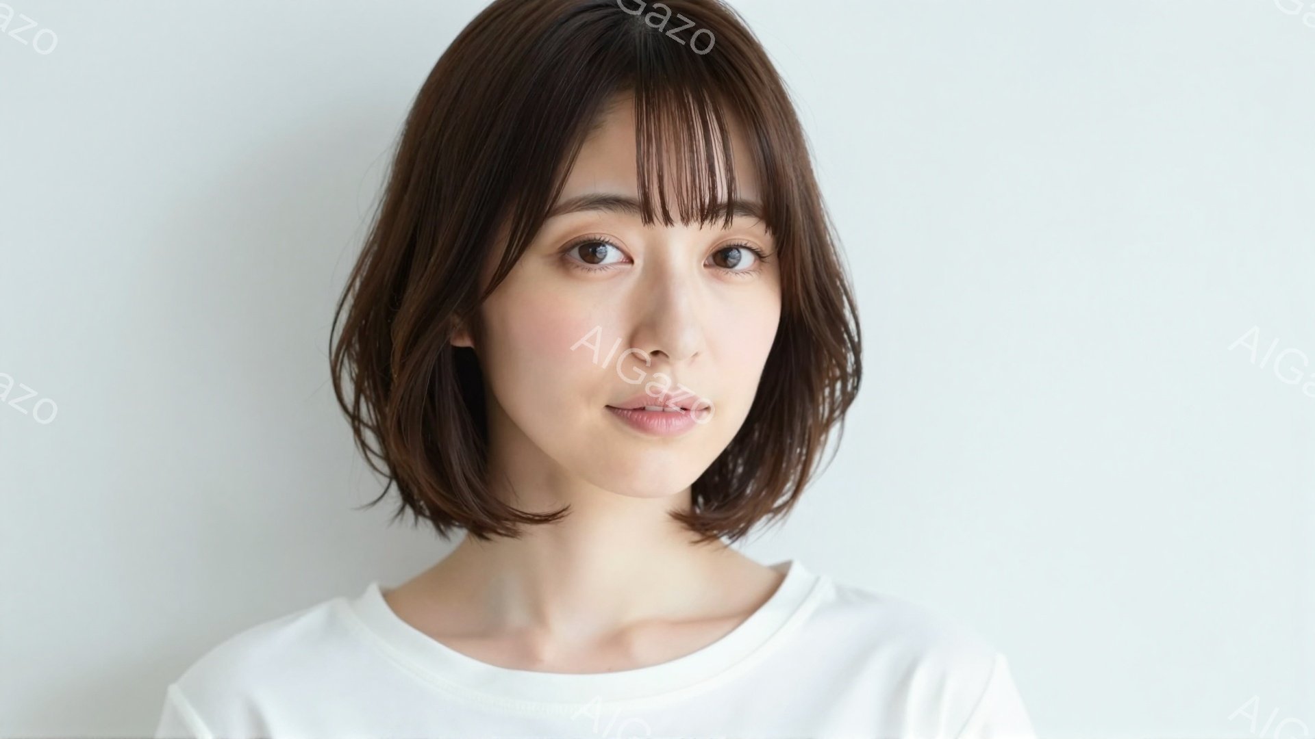 明るい背景を背景に、若い女性が正面を向いています。彼女は白いTシャツを着ており、前髪のあるショートボブヘアです。穏やかな表情で、少し微笑んでいるように見えます。
