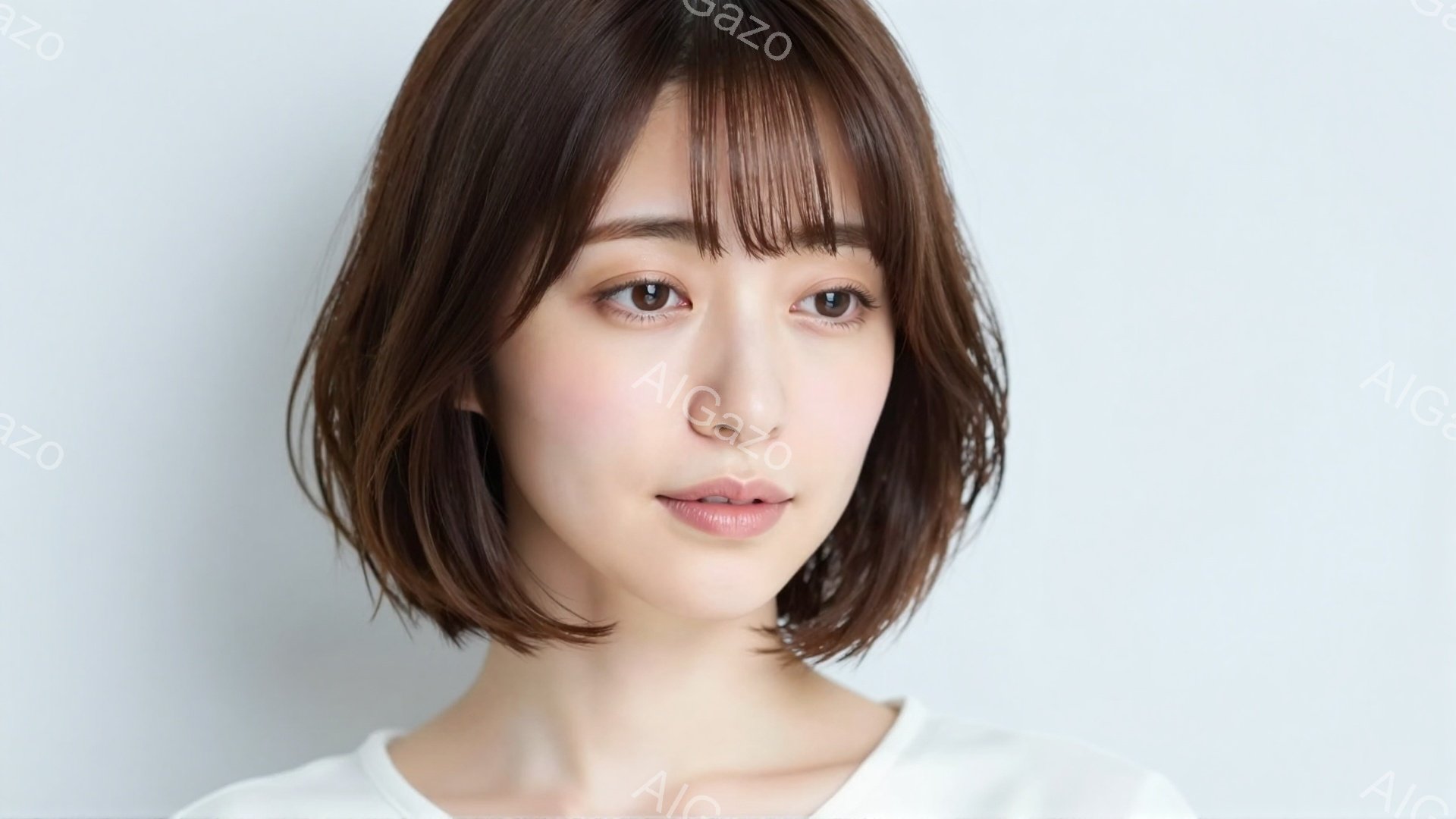この女性は、白いトップスを着ており、前髪が目の上にかかる、肩までの長さの茶髪のボブヘアスタイルです。彼女はカメラに向かって穏やかな表情で微笑んでおり、自然なメイクが施されています。背景は白く、人物が際 - AI生成フリー素材