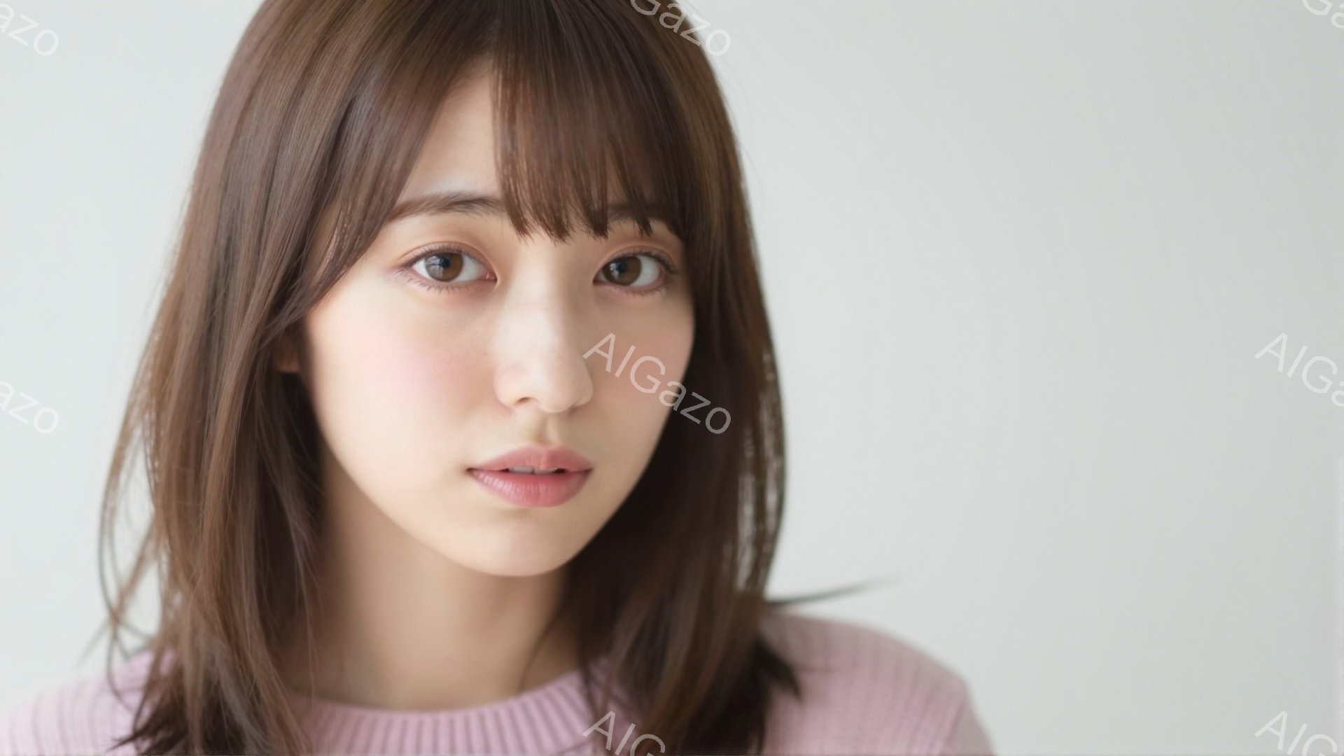 明るい茶色の髪を肩のあたりで切り揃えた若い女性が写っている。彼女は薄いピンク色のセーターを着ており、穏やかでわずかに微笑んだ表情をしている。背景は白く、人物が際立っており、全体的に柔らかく優しい雰囲気 - AI生成フリー素材