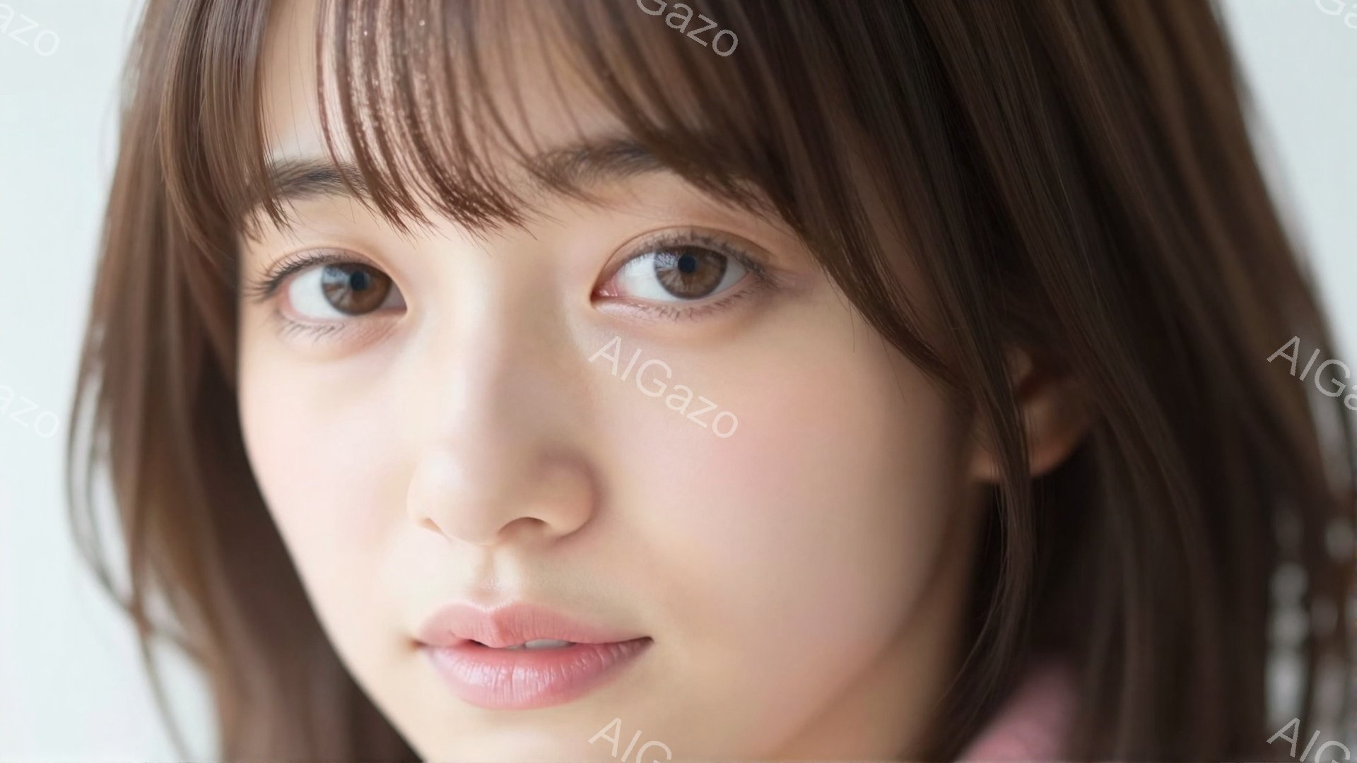 この画像は、明るい茶色の髪を肩にかける若い女性のクローズアップです。彼女は薄いピンク色の服を着ており、穏やかでわずかに微笑んだ表情でカメラを見つめています。背景は白く、焦点は女性の顔に絞られています。 - AI生成フリー素材