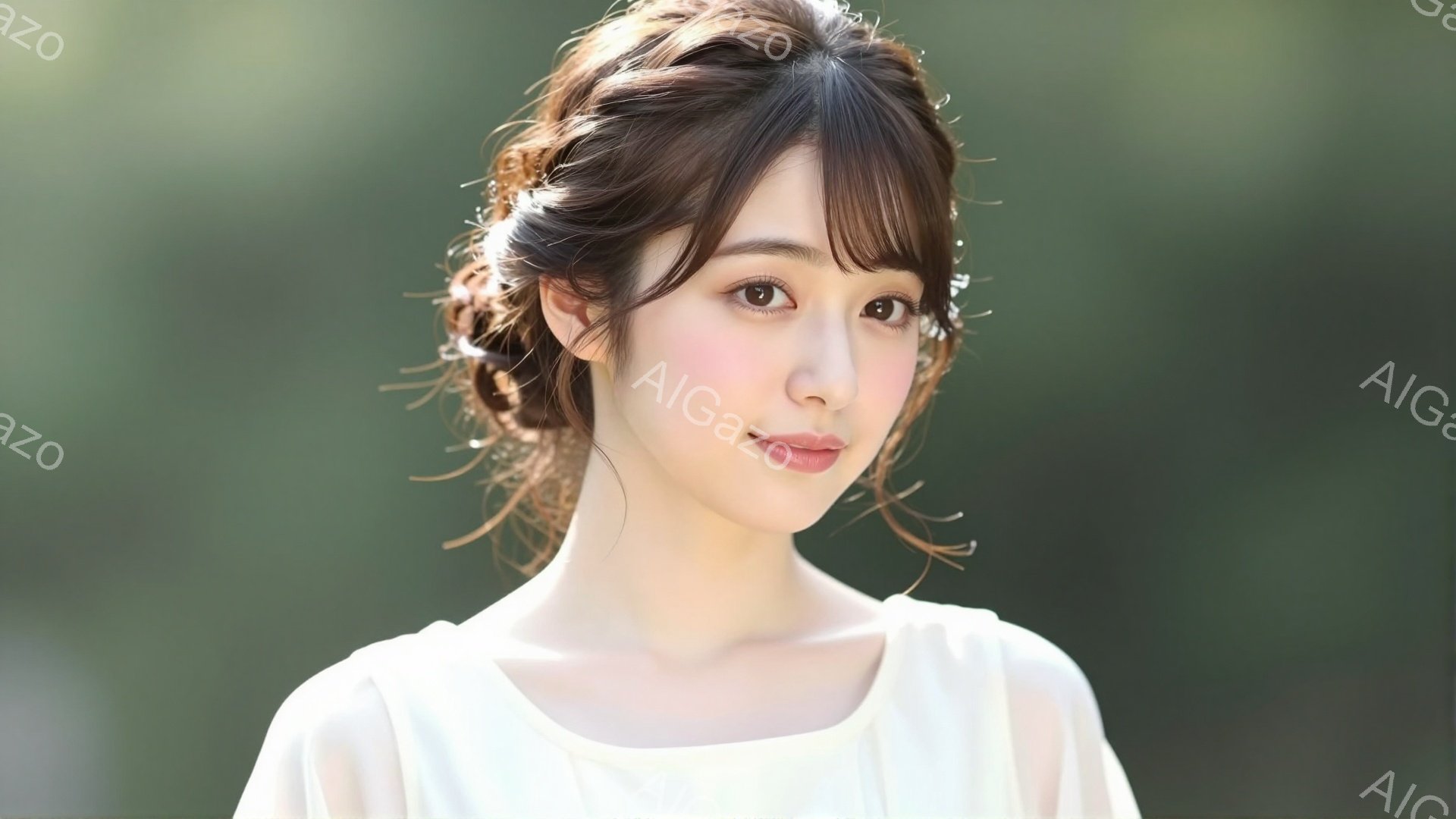 この女性は白を基調としたオフショルダーのトップスを着ており、髪は後ろでゆるくまとめたハーフアップスタイルです。彼女は微笑んでおり、その表情は穏やかで親しみやすい印象を与えます。背景は緑色のぼかしで、自 - AI生成フリー素材