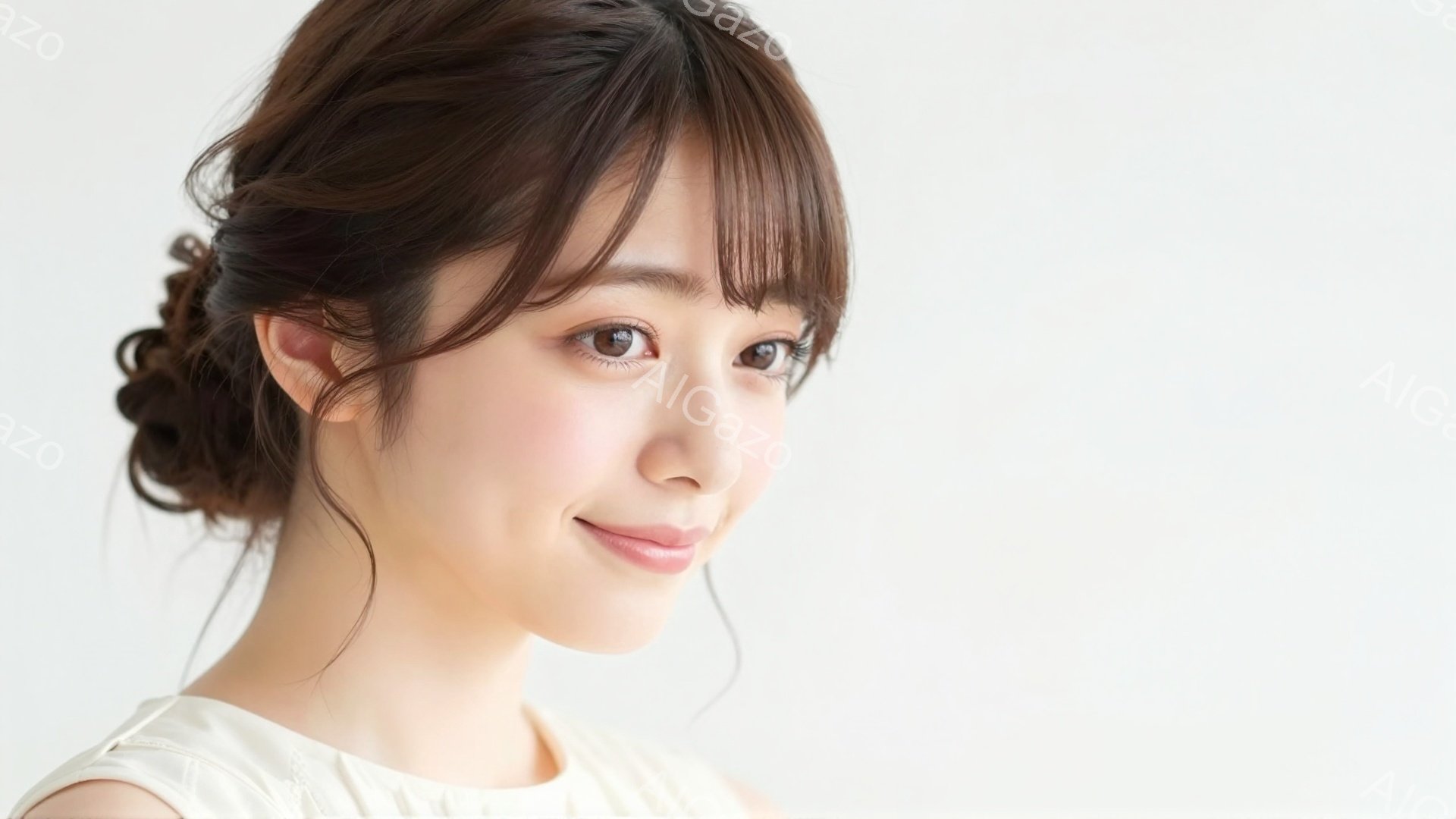 明るい肌の若い女性が写っています。髪は軽くカールした前髪と、後ろでまとめたお団子ヘアスタイルで、白いシンプルなトップスを着ています。彼女は穏やかな笑顔で、カメラの方を見ており、全体的に柔らかく親しみや - AI生成フリー素材