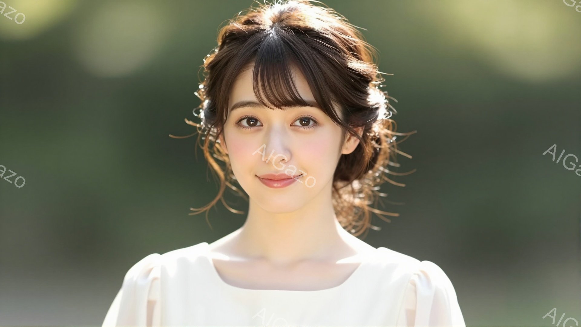 明るい背景を背景に、若い女性が正面を向いて微笑んでいます。彼女は白いブラウスを着ており、髪はふんわりとカールされ、前髪が少し顔にかかっています。背景は緑豊かな自然で、柔らかい光が彼女を照らし、全体的に - AI生成フリー素材
