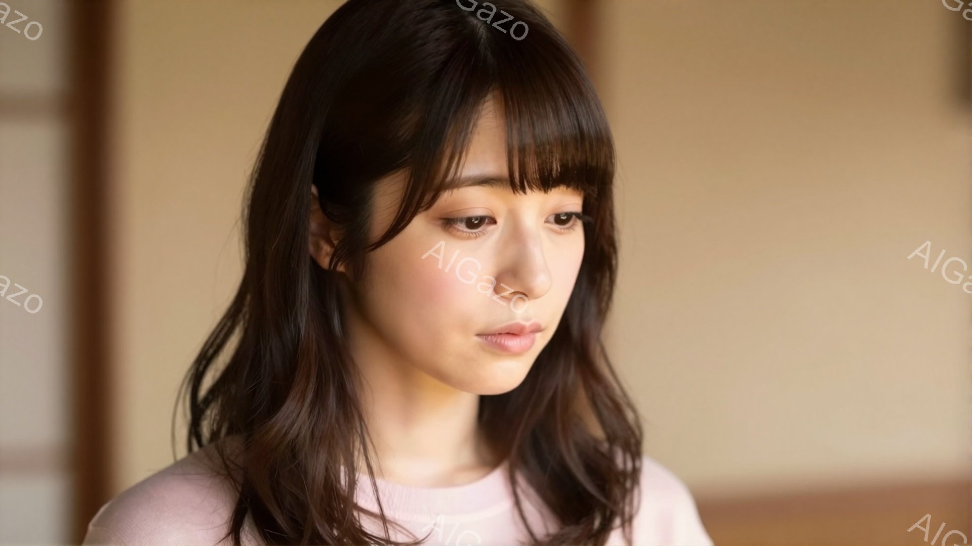 長いダークブラウンの髪が肩にかかり、前髪が眉毛にかかる女性が写っています。ピンク色のセーターを着て、やや下を向いた表情で、落ち着いた雰囲気を醸し出しています。背景はぼやけていますが、木目調の壁と柔らかな光が、暖かく静謐な空間を演出しています。