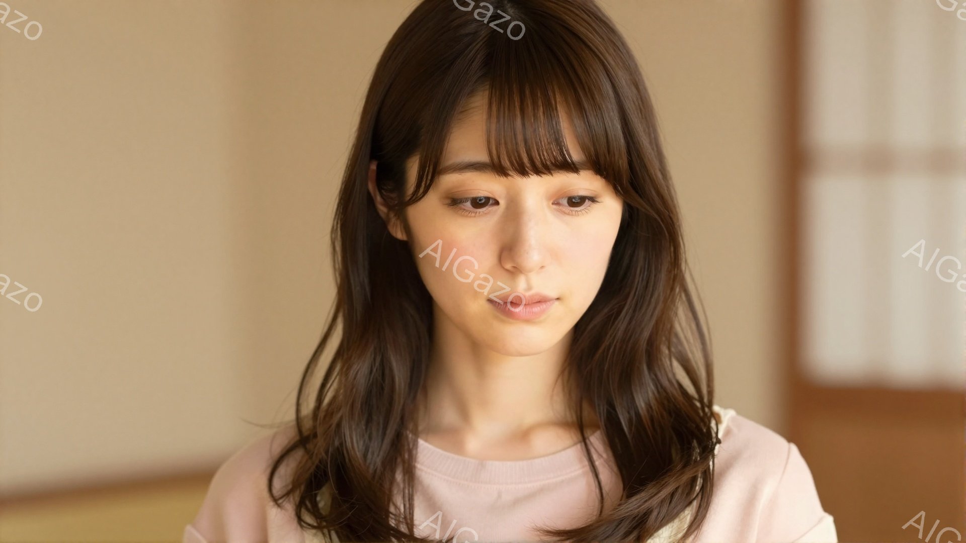 長い茶色の髪は肩にかかり、前髪が少し目にかかっています。ピンク色のシンプルなトップスを着ており、表情は穏やかで少し微笑んでいるように見えます。背景は木製の壁で、室内であることがわかります。 - AI生成フリー素材