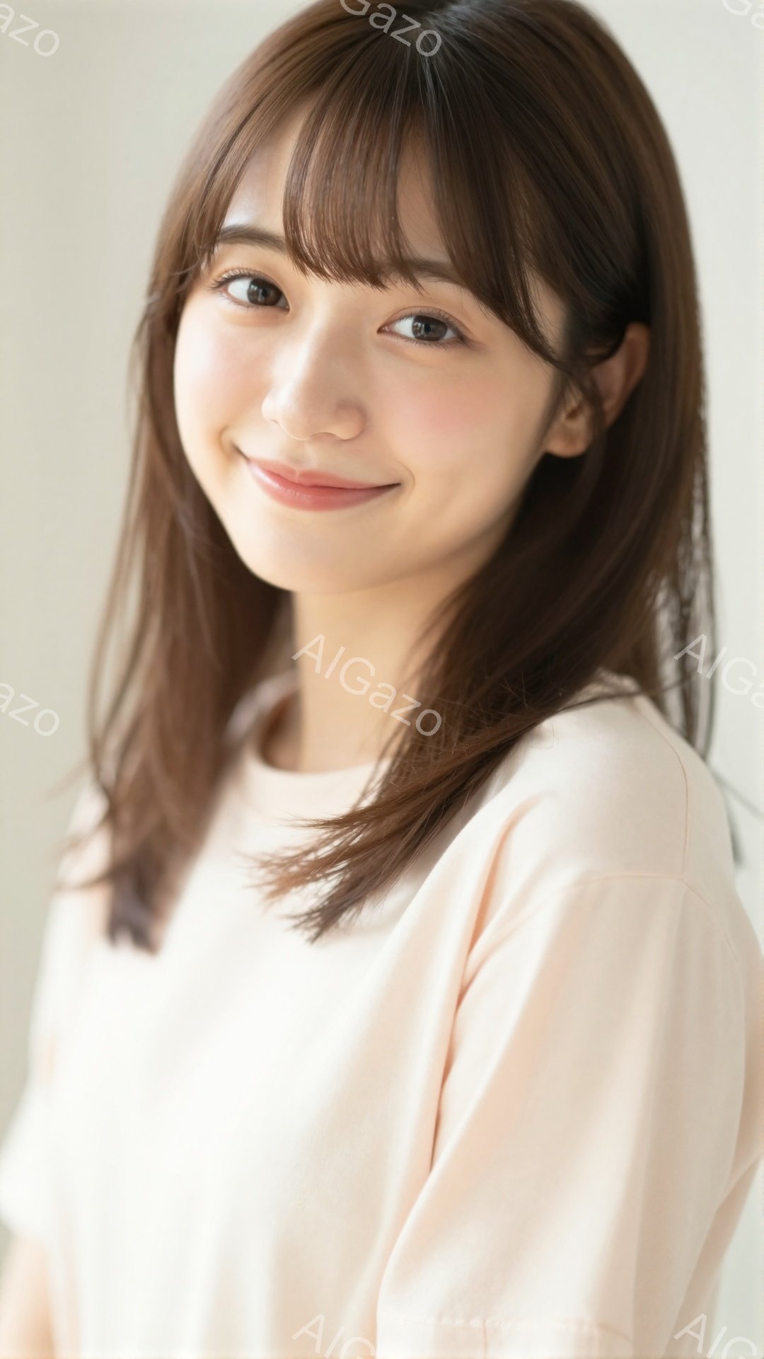 若い女性が微笑んでいます。彼女は明るいピンク色のセーターを着ており、肩までの長さの茶色の髪をしています。背景はぼやけており、全体的に柔らかく、親しみやすい雰囲気が漂っています。 - AI生成フリー素材