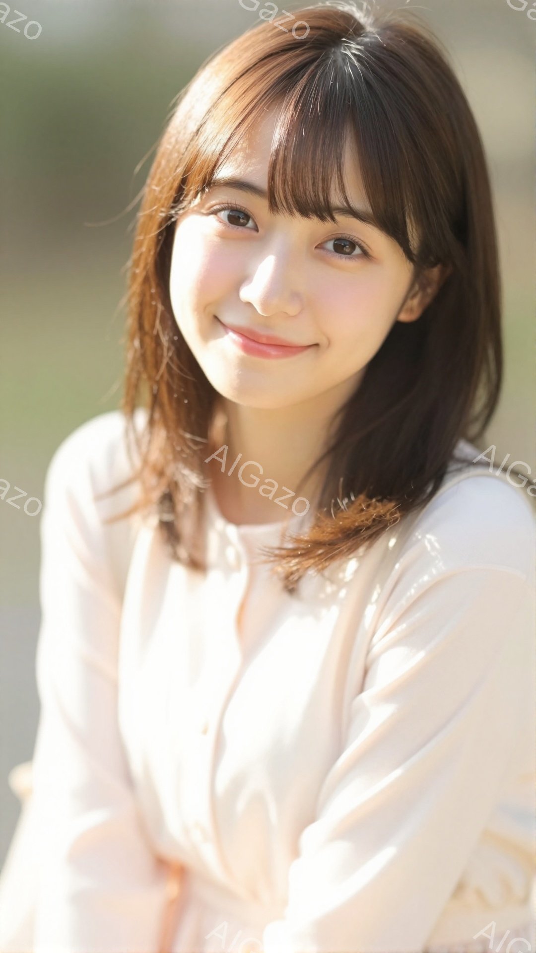 長い茶色の髪を肩にかかるように下ろし、前髪は眉毛にかかるように流している女性が写っている。薄いピンク色のブラウスを着ており、穏やかな笑顔を浮かべている。背景はぼやけており、自然光が差し込む暖かい雰囲気 - AI生成フリー素材