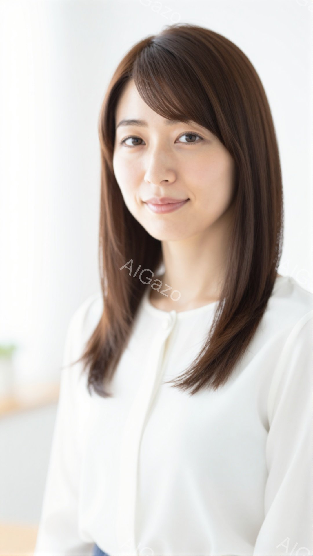 画像は、明るい笑顔を浮かべた若い女性を捉えています。彼女は白のブラウスを着ており、肩までの長さのストレートヘアです。背景はぼやけていますが、室内であることがわかります。