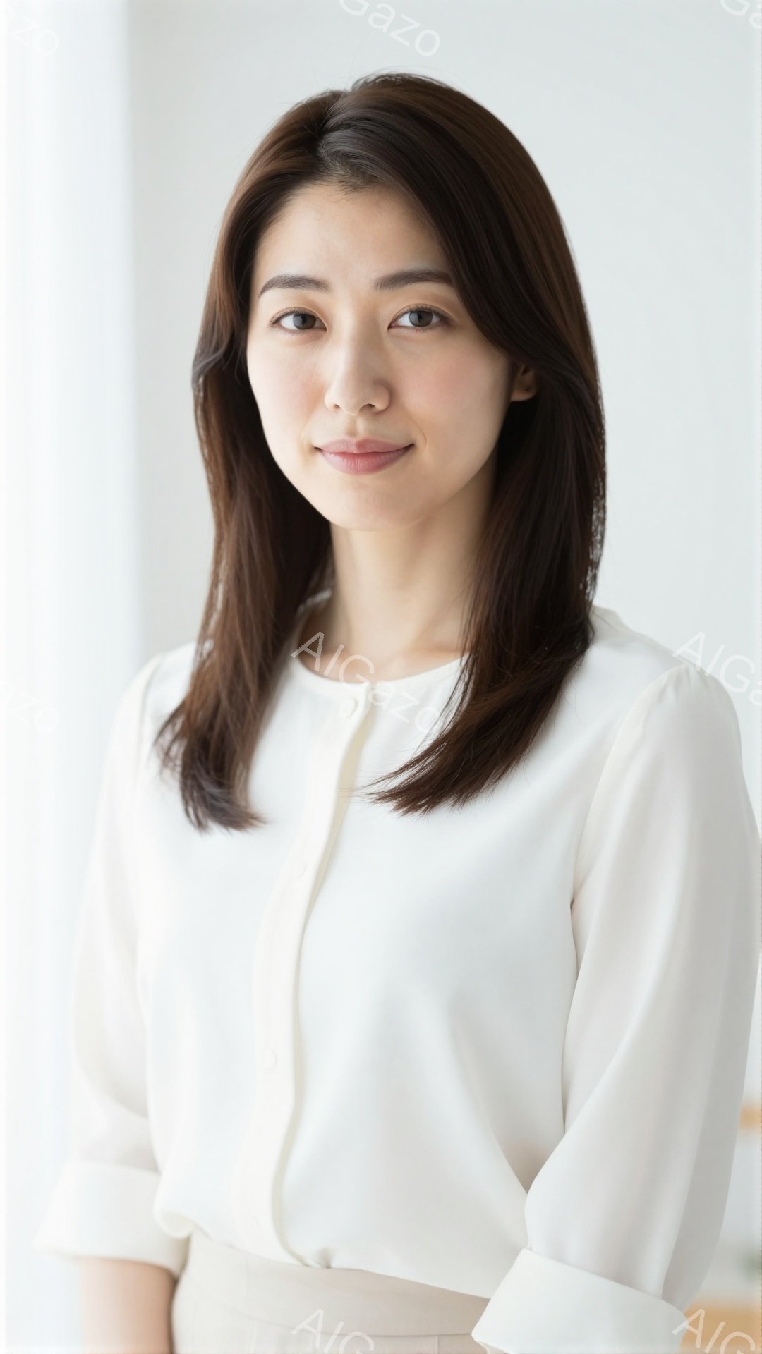 画像は、明るい色のブラウスを着た若い女性を正面から捉えたポートレートです。彼女は肩まで届くダークブラウンの髪を耳にかかっており、穏やかな微笑みを浮かべています。背景は白く、人物が際立っており、全体的に清潔感と親しみやすさのある雰囲気を醸し出しています。