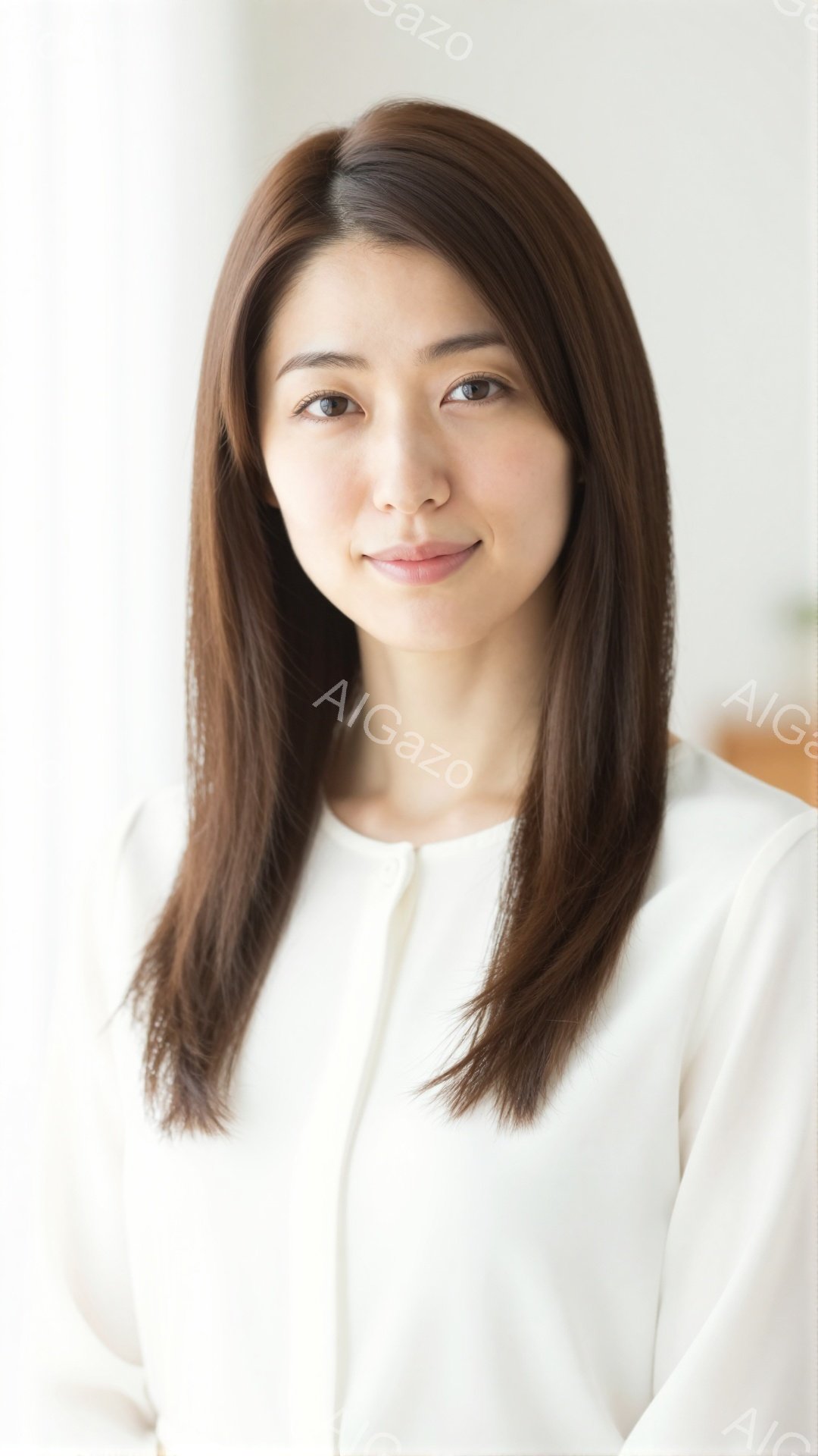 この女性は、明るい色のブラウスを着ており、肩までの長さの茶色の髪をしています。彼女は穏やかな笑顔でカメラを見つめており、リラックスした姿勢で立っています。背景はぼやけていますが、室内であることと、木製 - AI生成フリー素材