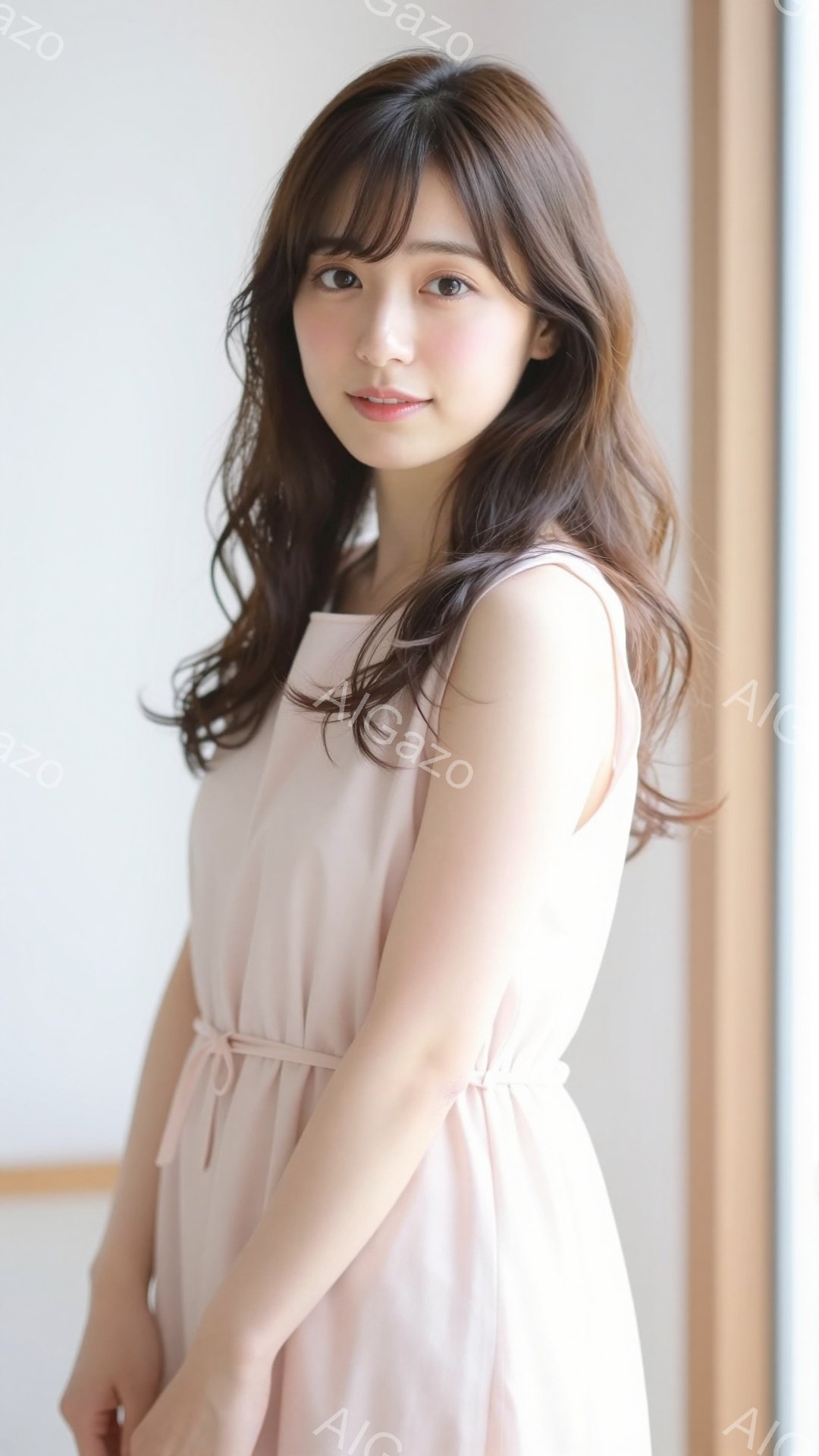 長い茶色の髪をサイドに流し、薄いピンク色のワンピースを着た若い女性が写っている。彼女はわずかに微笑み、リラックスした姿勢で正面を見ている。背景はぼやけており、白と木材のアクセントのあるシンプルな室内空 - AI生成フリー素材
