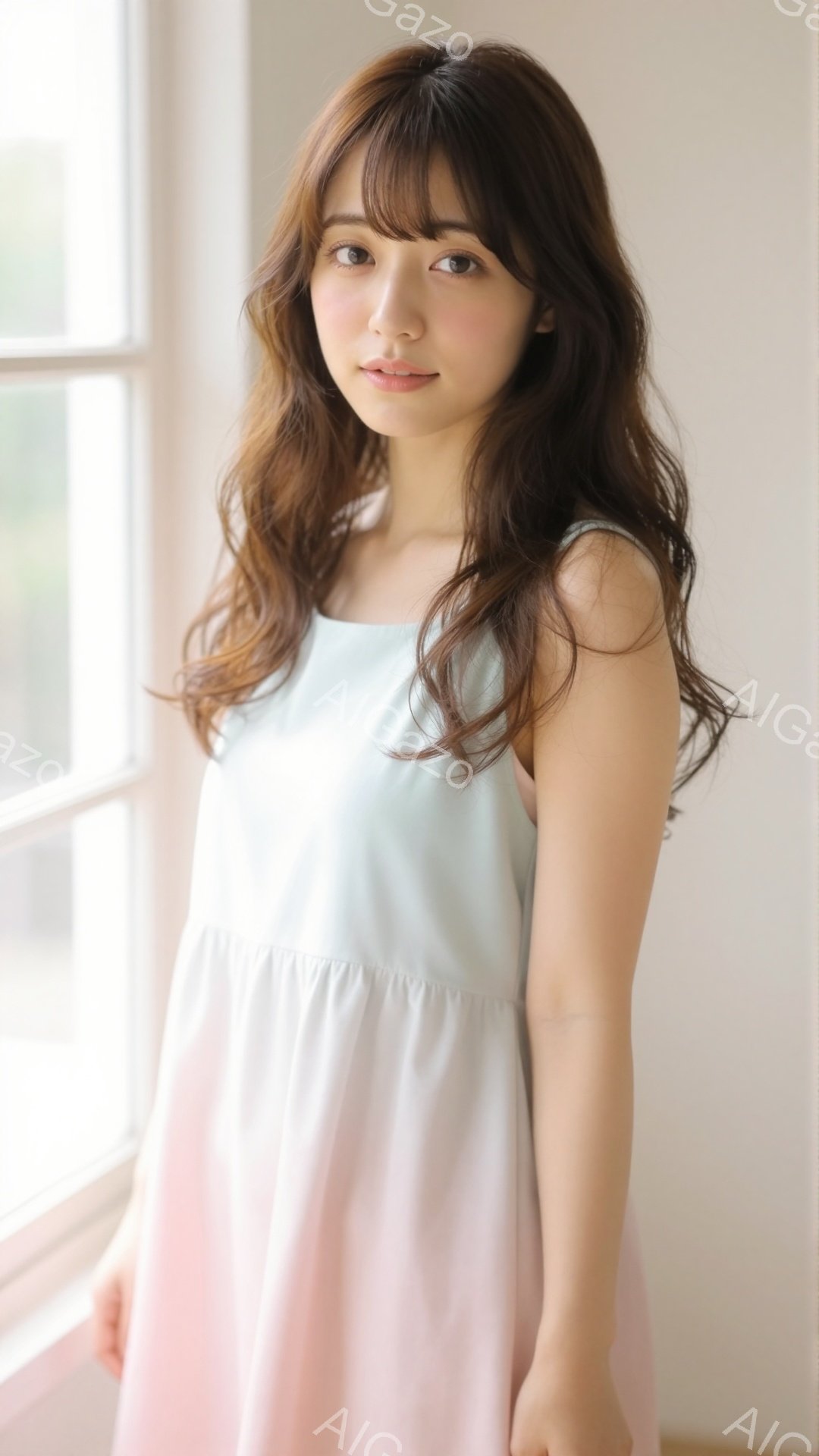 長い茶色の髪を肩から下で優雅に伸ばした女性が、淡い水色とピンクのグラデーションのキャミソールワンピースを着ています。彼女はわずかに微笑み、穏やかな表情で正面を向いています。背景には窓枠が見え、柔らかな - AI生成フリー素材