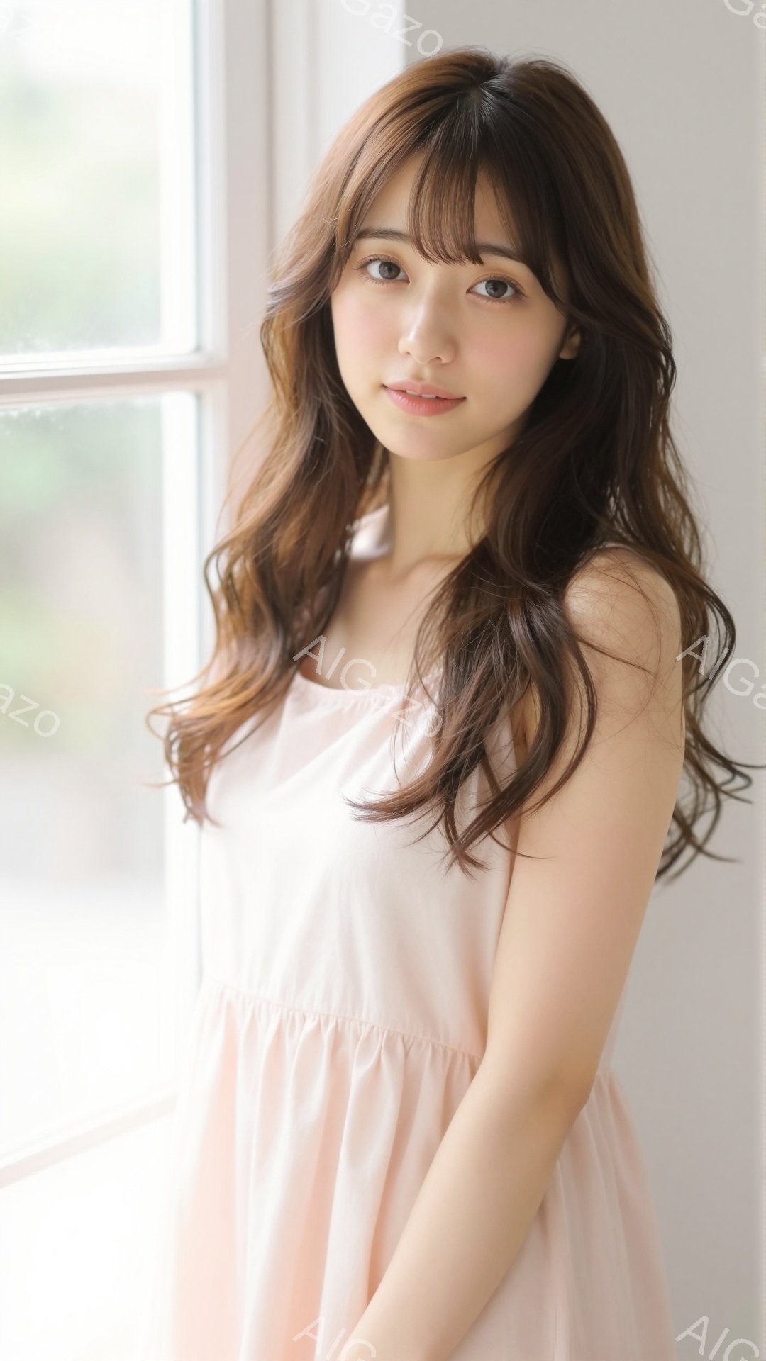 明るい光が差し込む窓辺で、ベージュ色のキャミソールワンピースを着た若い女性が立っています。彼女は長い茶色の髪をゆるく巻いており、柔らかい笑顔を浮かべています。背景には緑豊かな木々が見え、穏やかで優しい - AI生成フリー素材