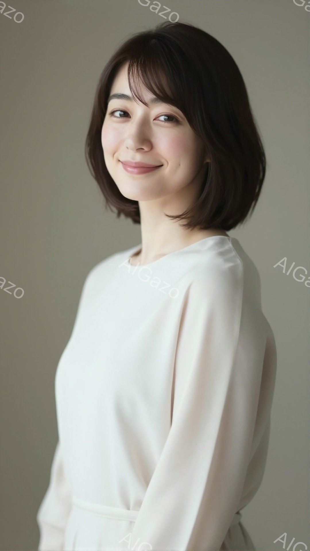 この女性は、明るいクリーム色の長袖ブラウスを着ており、肩のラインが少し落ちたデザインです。彼女は短いボブヘアで、笑顔でカメラを見つめており、リラックスした優しい印象を与えます。背景は淡いベージュ色で、 - AI生成フリー素材