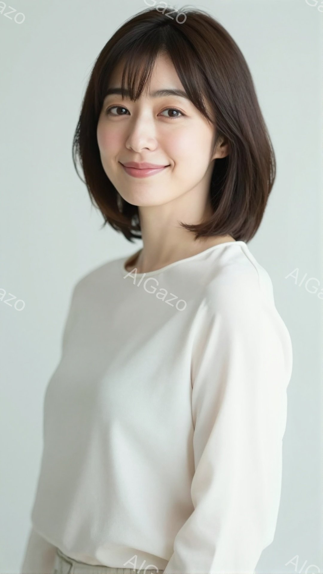 この女性は、明るいベージュ色の長袖ブラウスを着ています。髪は肩のあたりでカットされたストレートヘアで、前髪は眉毛にかかるように流されています。彼女は微笑んでおり、落ち着いた、上品な雰囲気を醸し出してい - AI生成フリー素材