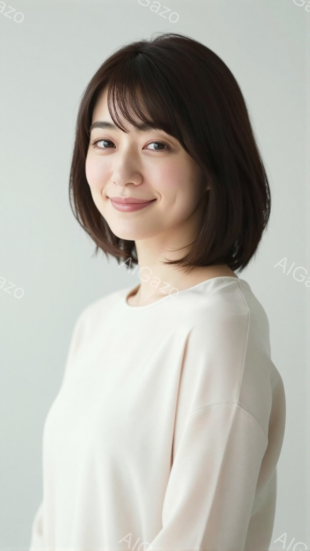 この女性は、明るいベージュ色のシンプルなトップスを着ており、肩にかかる長さのダークブラウンのヘアスタイルです。穏やかな笑顔を浮かべ、カメラの方向を見ており、リラックスした自然な姿勢です。背景は淡いグレ - AI生成フリー素材