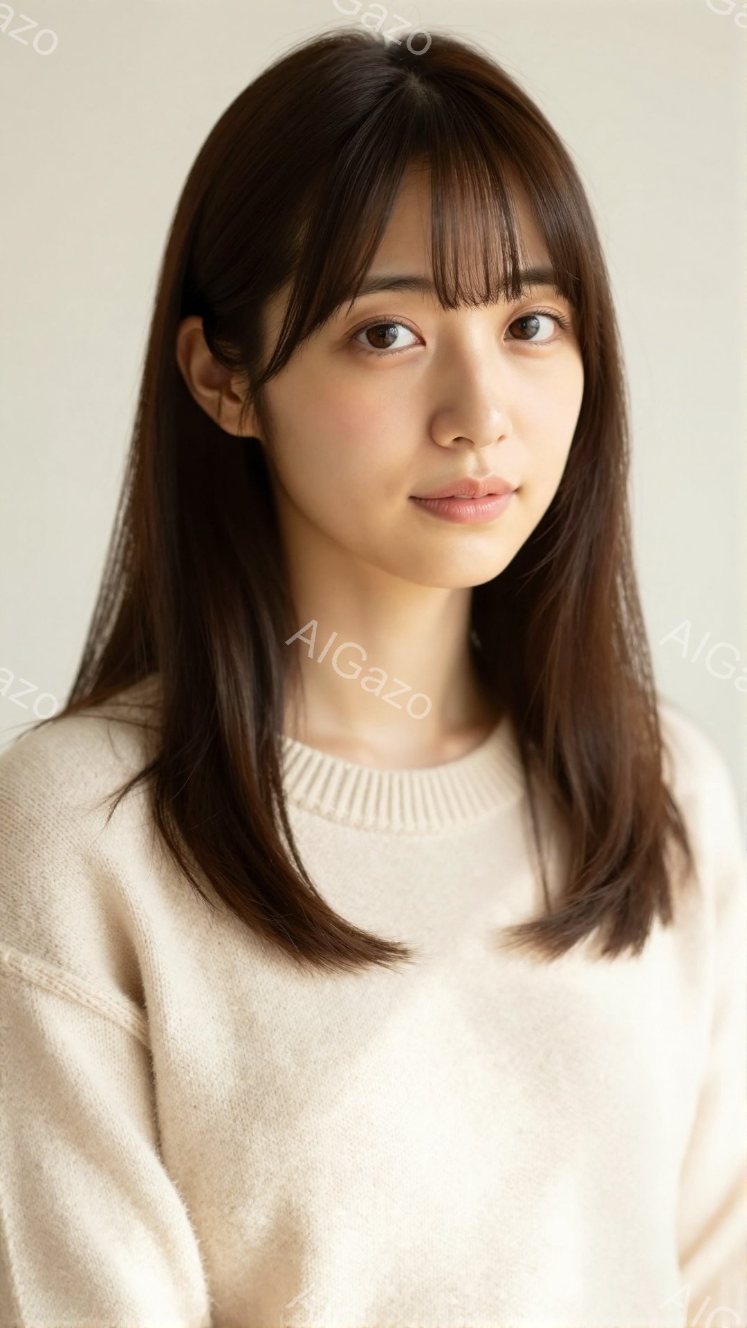 画像は、明るいクリーム色のセーターを着た若い女性のポートレートです。彼女は長いダークブラウンの髪を肩まで伸ばし、前髪は眉毛にかかるようにカットされています。表情は穏やかで、視線は正面を向いており、全体 - AI生成フリー素材