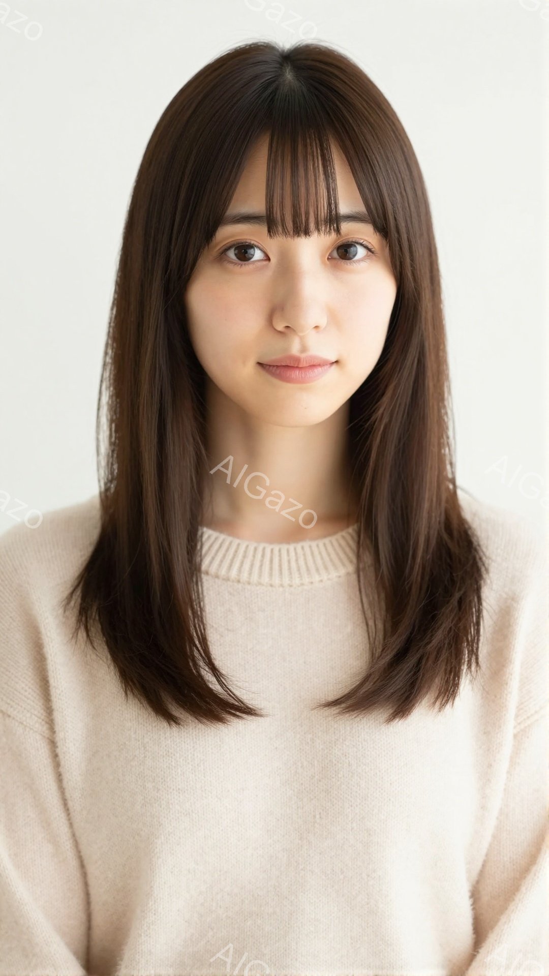 この女性はベージュ色のセーターを着ており、肩までの長さの黒髪で、前髪は眉毛にかかっています。彼女は正面をまっすぐ見ており、穏やかで控えめな表情をしています。背景は白く、人物が際立っており、全体的にシン - AI生成フリー素材