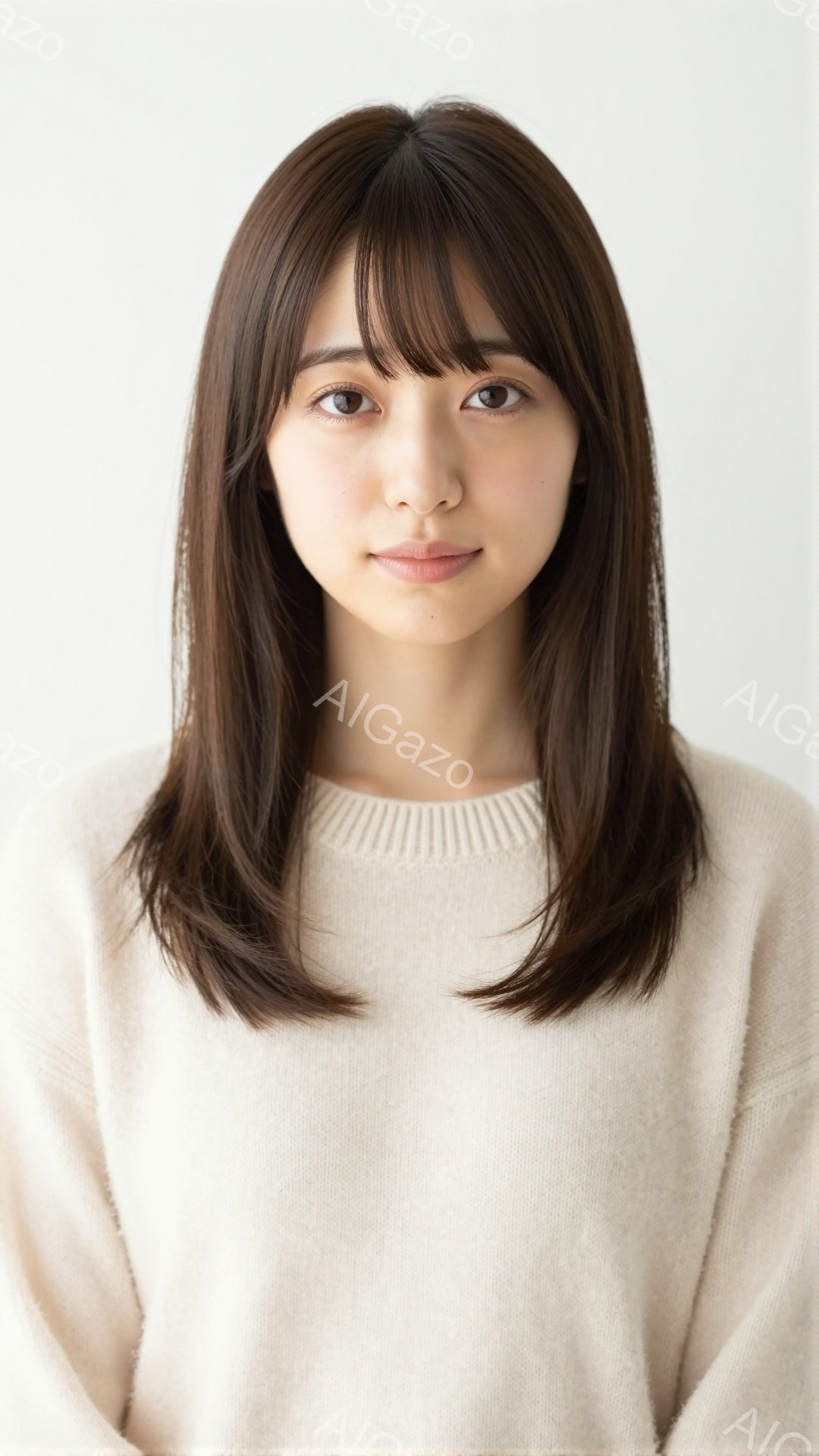 明るいベージュのセーターを着た若い女性が写っています。彼女は肩までの長さのダークブラウンのヘアスタイルで、前髪が少し目にかかっています。表情は穏やかで、少し微笑んでいるように見えます。 - AI生成フリー素材