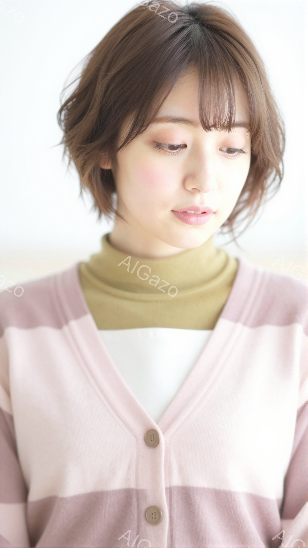 明るいピンク色のカーディガンを羽織った女性が写っています。女性は肩までの長さのゆるふわヘアで、穏やかな微笑みを浮かべています。背景はぼかされており、柔らかい光が女性を照らし、全体的に優しい雰囲気を醸し - AI生成フリー素材