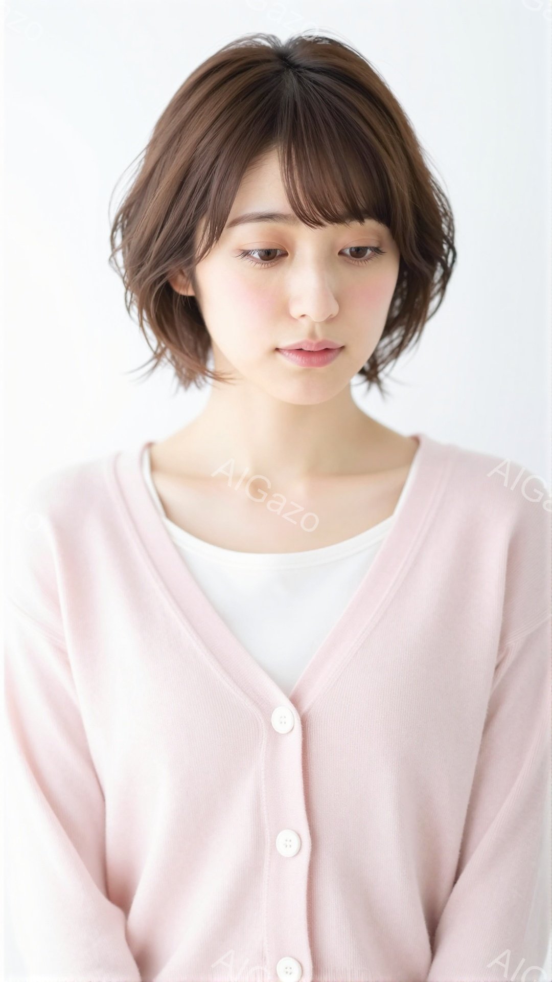 明るいピンク色のカーディガンを羽織った女性が写っています。彼女は内巻きのショートヘアで、穏やかな微笑みを浮かべています。背景は白く、人物が際立っており、全体的に柔らかく優しい雰囲気が漂っています。 - AI生成フリー素材