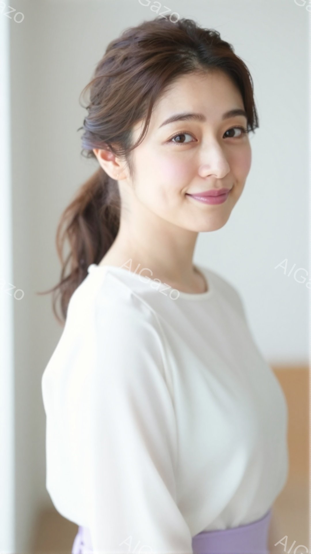 明るい色のブラウスを着た若い女性が写っています。髪は後ろで軽くまとめられ、顔には穏やかな微笑みが浮かんでいます。背景は明るいベージュ色で、女性が主役となるようにシンプルにまとめられています。 - AI生成フリー素材