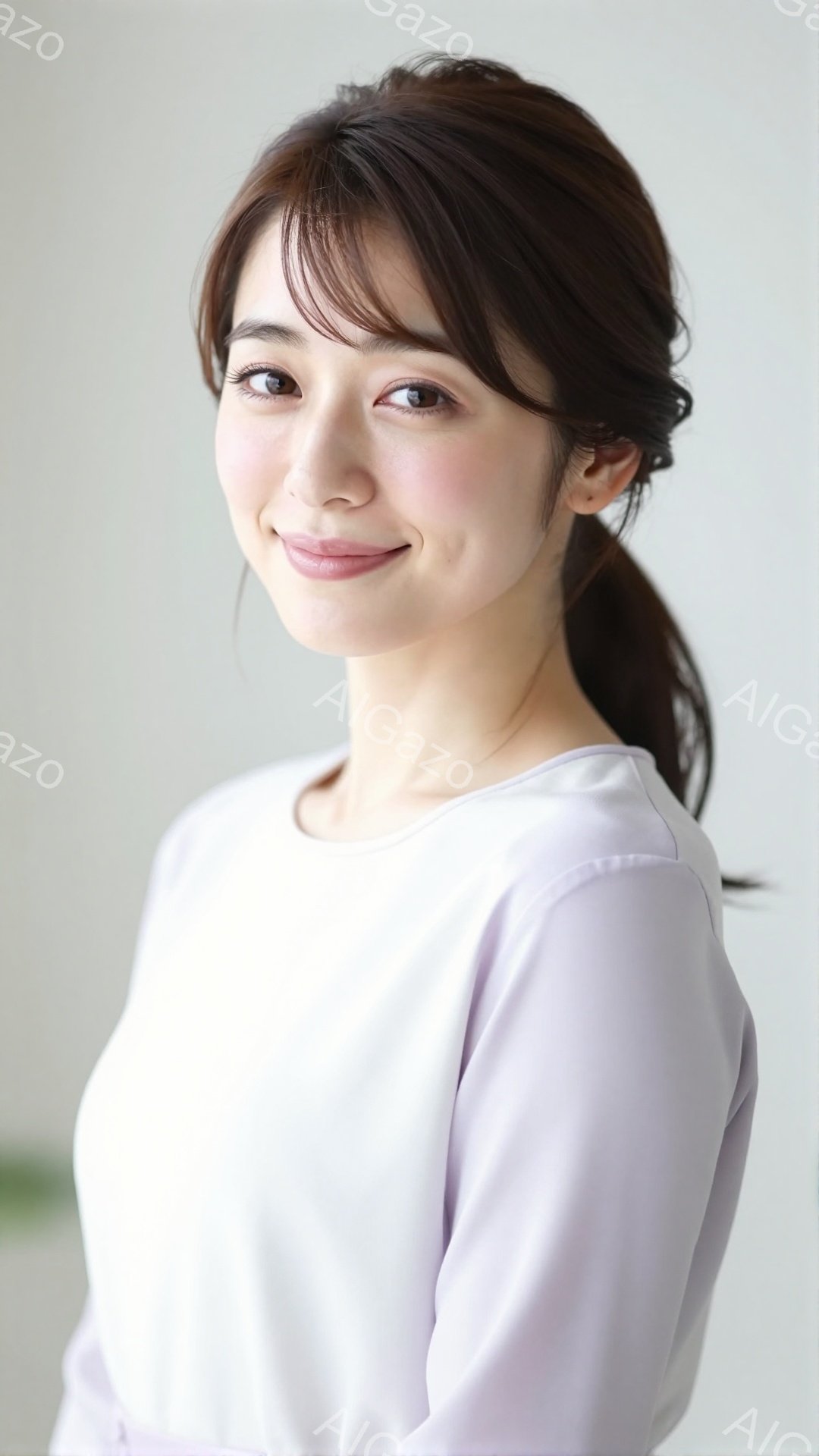 長い茶色の髪をハーフアップにし、淡い紫色の長袖シャツを着た女性が写っています。彼女はわずかに微笑み、穏やかで親しみやすい表情をしています。背景はぼやけていますが、白っぽい壁があり、全体的に柔らかく、洗練された雰囲気が漂っています。