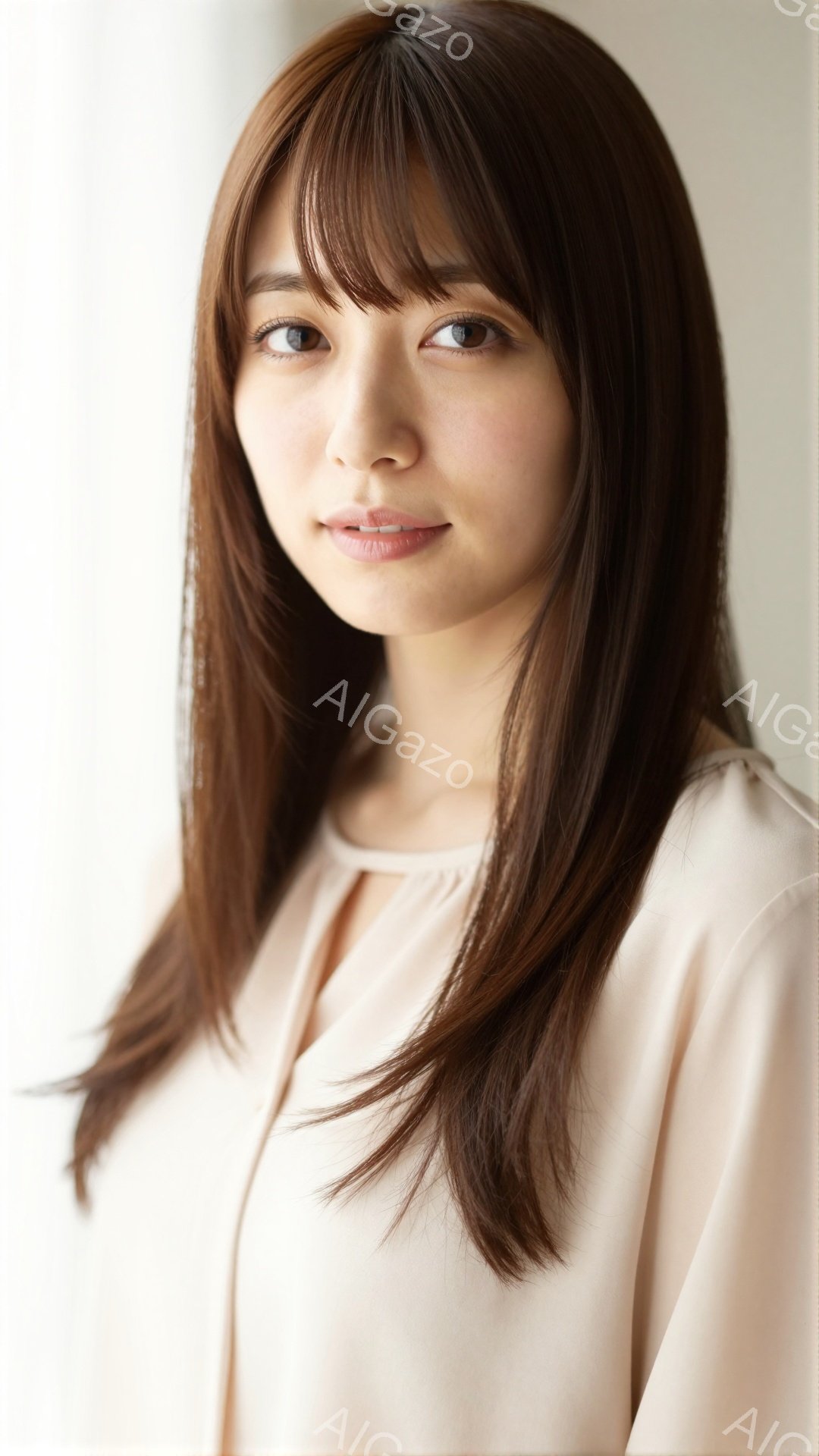 明るい髪の女性が、淡いピンク色のブラウスを着て写っています。彼女は、前髪を少しカールさせた、肩までかかるロングヘアで、穏やかな微笑みを浮かべています。背景は白く、人物が際立っており、全体的に柔らかく優しい雰囲気です。