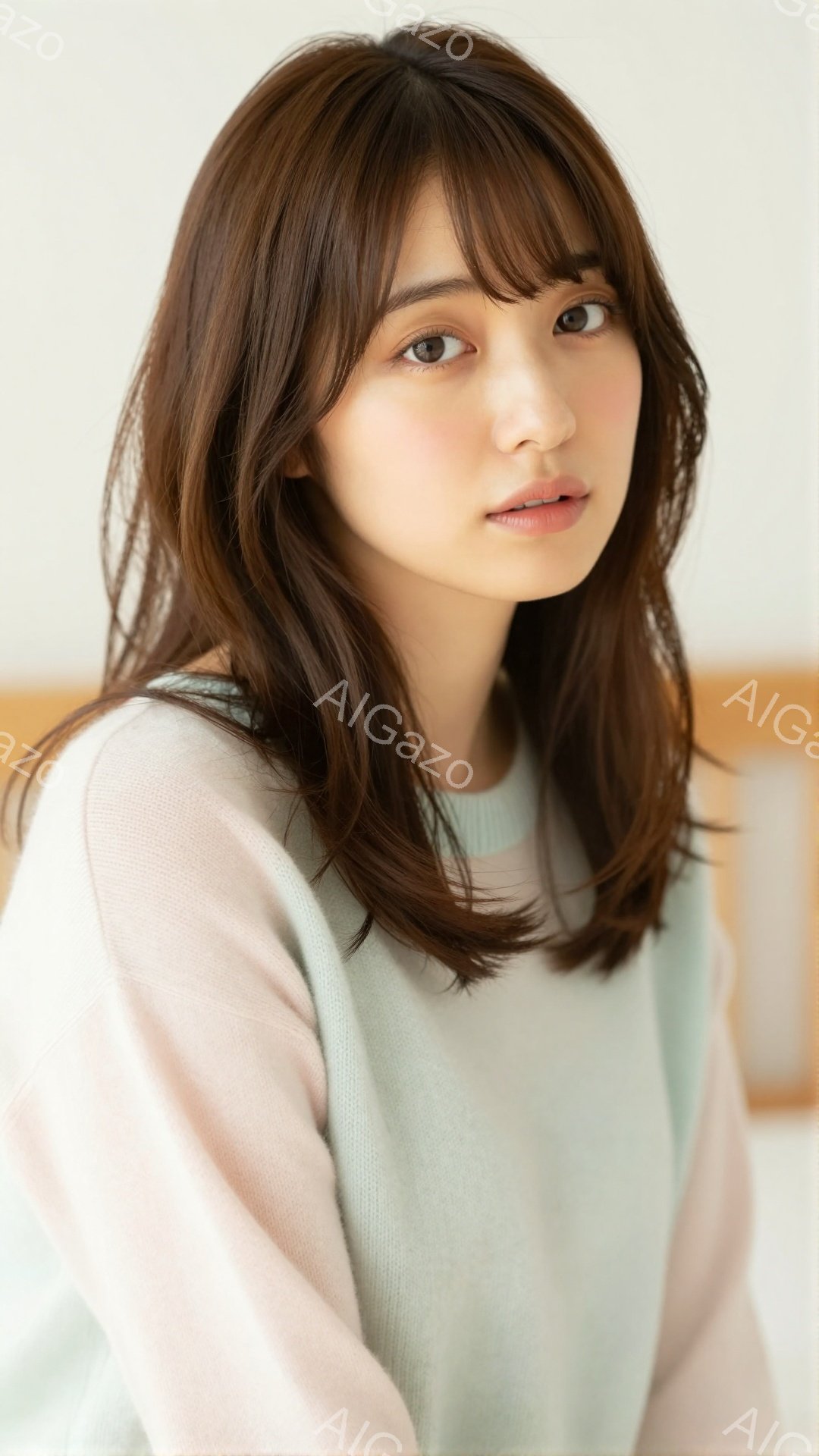 画像は、明るい茶色の髪を肩まで伸ばした若い女性が写っています。彼女は薄いミントグリーンとピンクのグラデーションのセーターを着ており、穏やかで優しい表情をしています。背景はぼやけていますが、木製の家具の - AI生成フリー素材