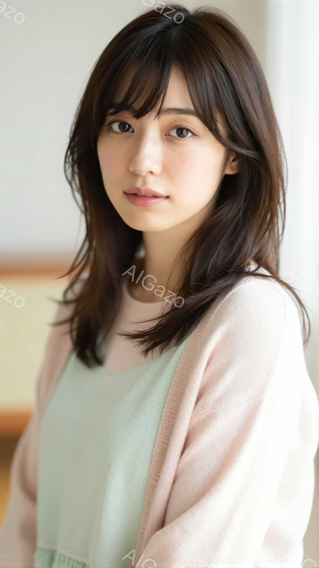 黒髪の女性が、淡いピンク色のカーディガンと水色のトップスを着ています。彼女は少し微笑んでおり、柔らかい表情をしています。背景はぼやけていますが、室内で撮影されているようです。 - AI生成フリー素材