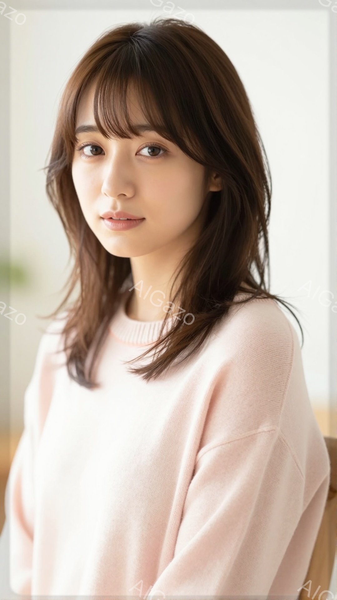 画像は、明るい茶色の髪を肩のあたりでカットした若い女性が写っています。彼女は薄いピンク色のセーターを着ており、表情は穏やかで、わずかに微笑んでいるように見えます。背景はぼやけていますが、おそらく室内で - AI生成フリー素材