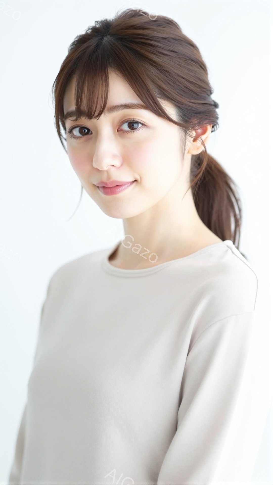 明るい背景を背景に、茶色の髪をハーフアップにした若い女性が写っています。ベージュ色のシンプルな長袖シャツを着ており、わずかに微笑んでいる表情は優しく穏やかです。全体的に、清潔感があり、親しみやすい雰囲気の写真です。